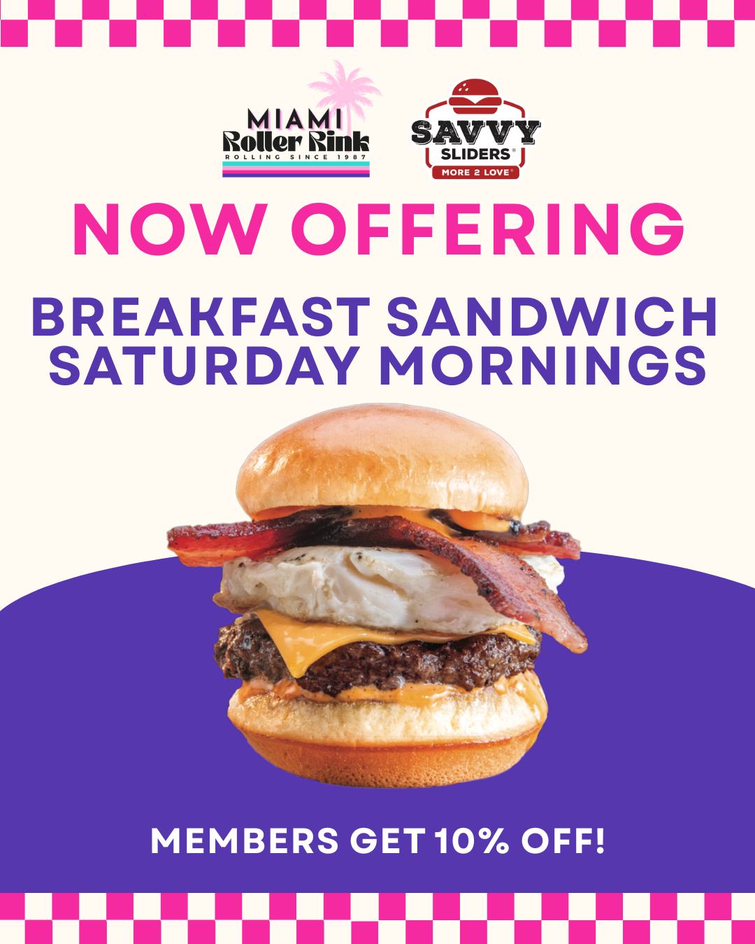 Breakfast just got better at the rink 🍳🥓
We're now serving breakfast sandwiches Saturday morning!
Grab one during or after the skate class or take it to go!
🚨PLUS: Members get 10% off
📍 12265 SW 112th St, Miami, FL 33186
#MiamiRollerRink #BreakfastAtTheRink #SaturdayMornings #SkateAndEat #RinkEats #MiamiBreakfast