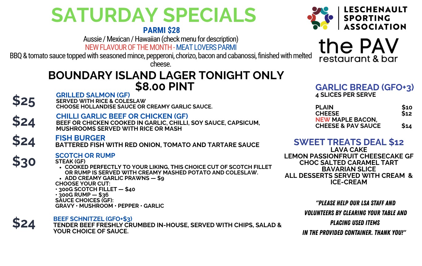 Dinner and drinks sorted tonight at The Pav! ๐ป
๐ฅฉ Scotch or Rump steak โ $30
๐บ Lager on tap โ $8 pints
Check out our other specials on tonight.
No local team sport on tonight, but weโve still got the footy on the projector.
Weโre open, so come down, enjoy a great feed and support your local club.