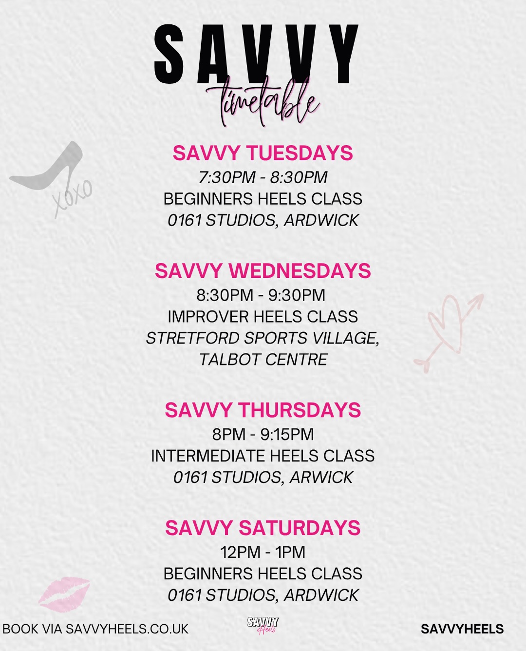 Coming Up in Savvy Heels World 🫦🫦🫦
We’ve got a LOT happening, so stay consistent, stay booked and stay growing with SAVVY 🕺🏽
Weekly Classes:
Savvy Tuesdays, Beginners Heels:
Perfect for starting your heels journey, building confidence, and locking in your foundations.
Savvy Wednesdays, Improvers Heels
📍 Stretford Sports Village
Savvy Thursdays, Intermediate Heels
📍 0161 Studios
Savvy Saturdays, Beginners Heels
📍 0161 Studios
⸻
Book via the Savvy website to secure your space!!!
What else is coming up?????
Savvy Socials are on the way 👀
Make sure to follow @savvysocialss , you don’t want to miss these!
ALSO, New York!! We will be back in September 🇺🇸 we have not forgotten about you!
Follow @savvyheelsnyc 🇺🇸🕺🏽
#SavvyHeels #HeelsClassManchester #DanceInHeels #HeelsDance #ManchesterDance