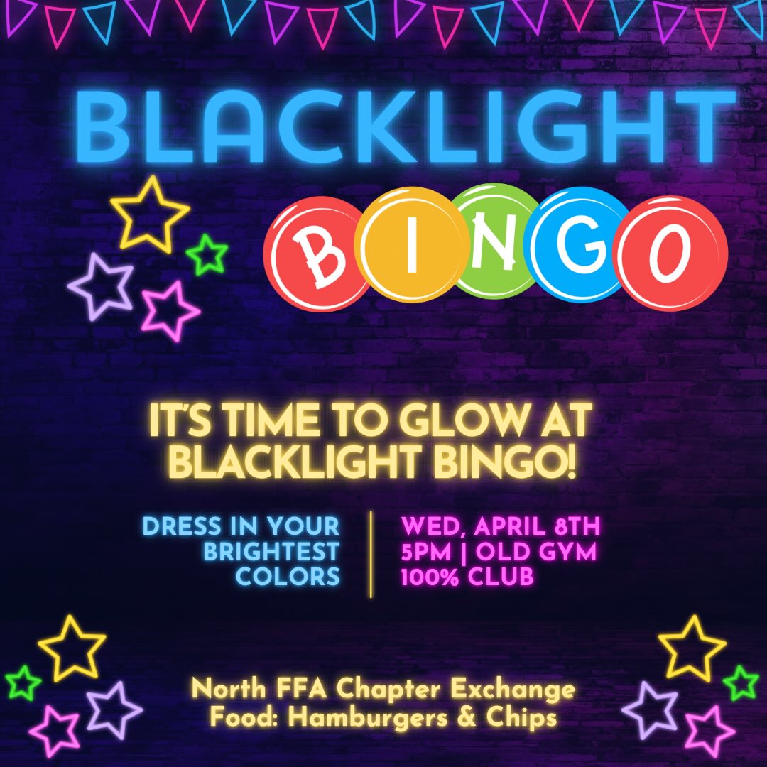 💡🖤 Black Light Bingo Night! 🖤💡
Join us TONIGHT at 5 PM in the old gym for one of our most fun ffa meeting!! 🎉
✨ Glow vibes wear something neon💛
🎯 Bingo games
🤝 Special visitors from West High
Bring your friends, wear something that glows, and get ready for a great time!! 🌟💛
#FFA #BlackLightBingo #GlowNight #FFAFun