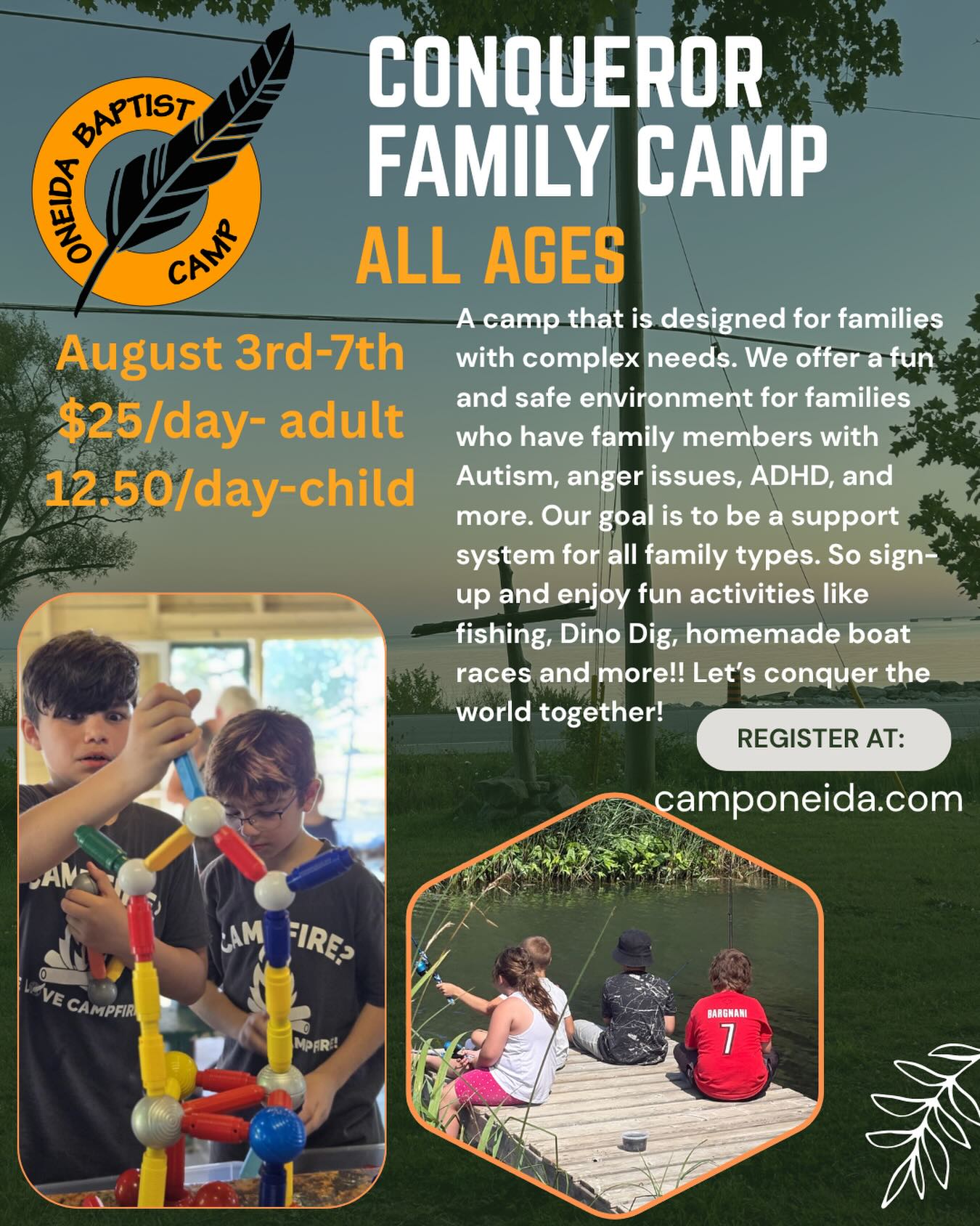 Are you and your family ready to conquer all? Conqueror Family camp is ready for you! A family camp that is geared towards those with complex needs, making sure camp is for everyone! 🏕️🔥✝️
Sign up for our Conqueror Family camp today!
https://www.camponeida.com/