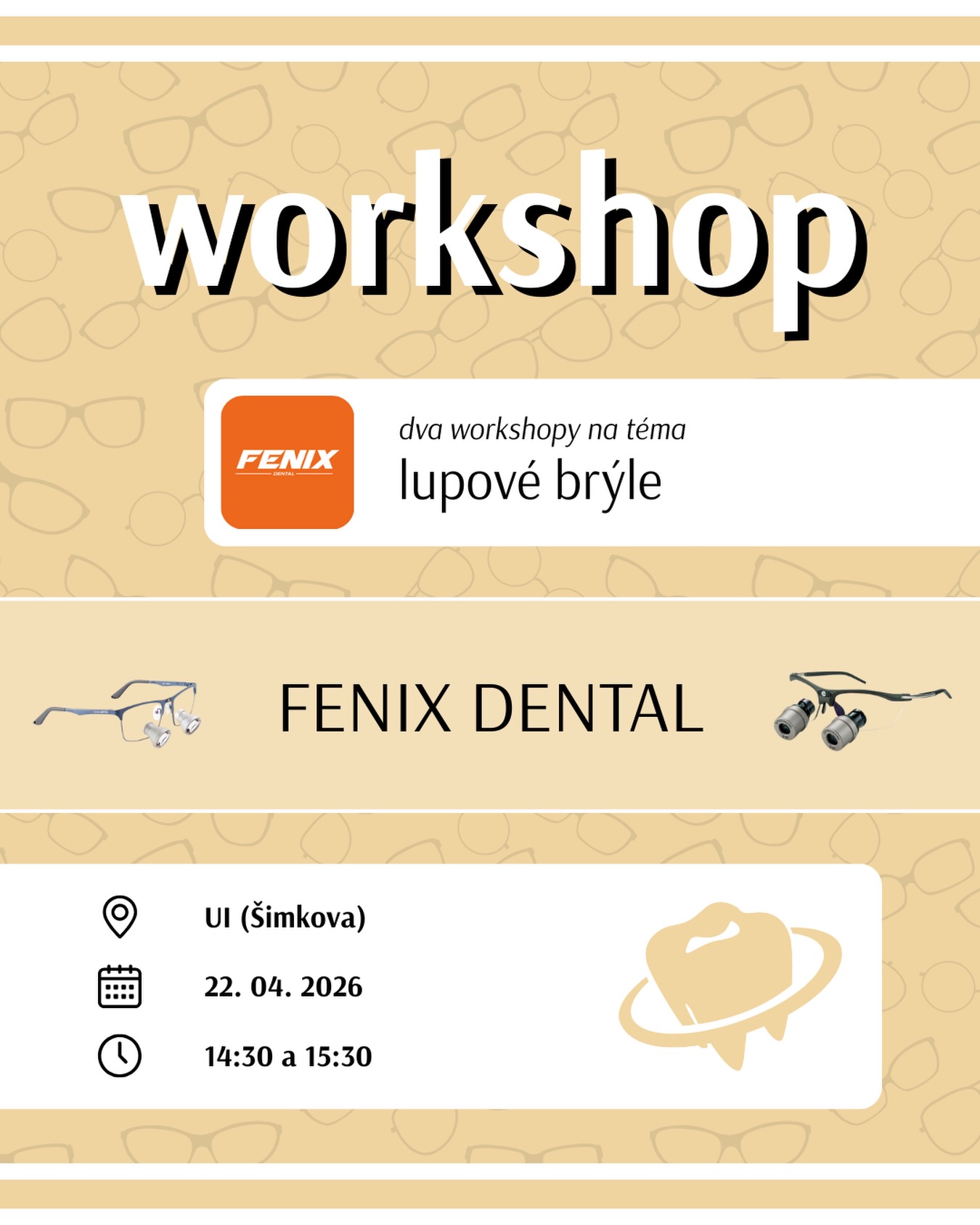 Workshop na lupové brýle už ve středu 22. dubna! 👀
Tentokrát se uskuteční rovnou ve dvou termínech a proběhne pod záštitou firmy Fenix Dental. 🦷✨
Workshop je určen především pro studenty třetího ročníku, z jejichž řad byl o tuto problematiku velký zájem.
Tak naviděnou! 😎