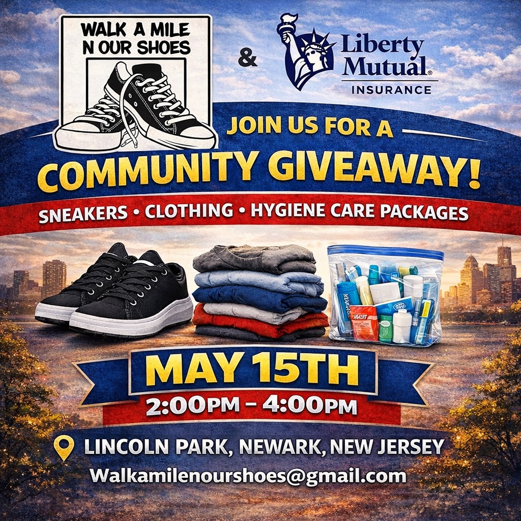 🚨 COMMUNITY GIVEAWAY ALERT 🚨
Walk A Mile N Our Shoes 👟 in collaboration with Liberty Mutual Insurance is giving back to the community!
Join us for a FREE giveaway where we will be providing:
👟 Sneakers
👕 Clothing
🧼 Hygiene Care Packages
📍 Lincoln Park, Newark, New Jersey
📅 May 15th
⏰ 2:00 PM – 4:00 PM
This event is for those in need — come out and be blessed, or bring someone who could benefit 🙏🏽
Together we continue to uplift our community 💙
📧 Walkamilenourshoes@gmail.com
#NewarkNJ #walkamilenourshoes #LibertyMutual #GiveBack #newjerseyevent