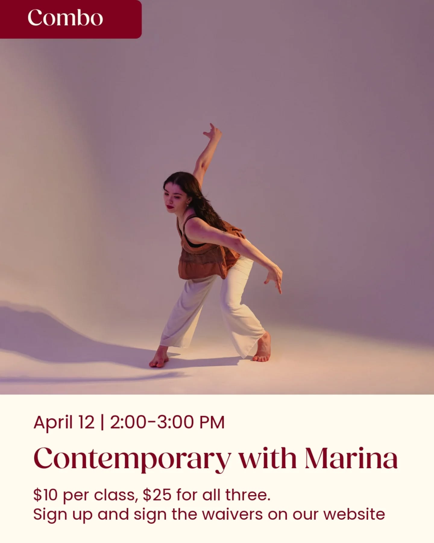 Get ready for the first class of our RDP x UWDC x UWHH collaboration, taught by our co-founder @_marinasimonovic! Join Marina this Sunday for a Contemporary Combo class at 2:00-3:00pm in PAC Studio 1 at the University of Waterloo. We look forward to dancing with you!
Classes for this collaboration are $10/class or $25 for all three. Since this is a special collaboration, we will not be accepting memberships. As always, you can sign up on our website!
