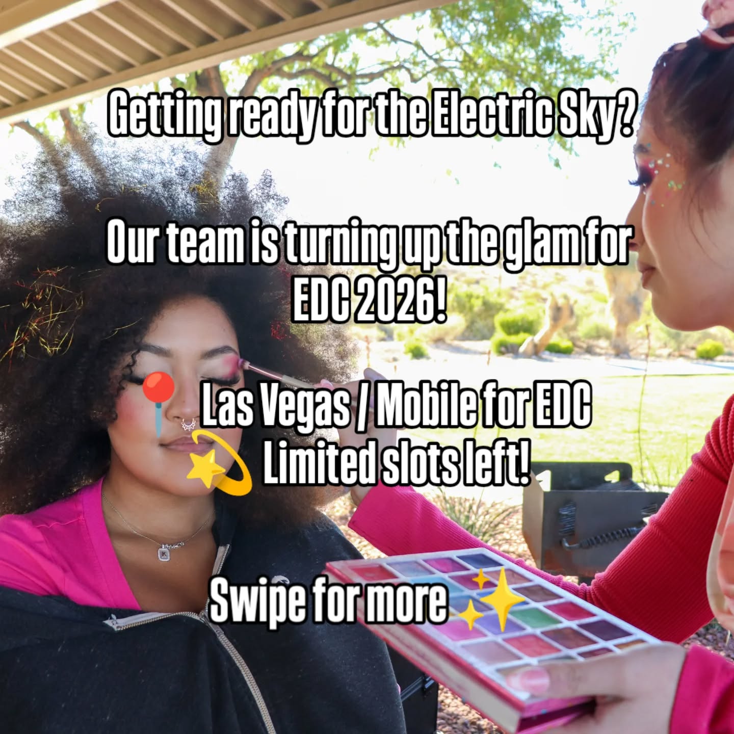 Behind the scenes at Glam & Glo Universal HQ ✨
Getting our clients EDC-ready one glow at a time! Braids, glitter, lashes, neon eyes, and major PLUR energy.
Your turn, let’s make you shine under those lights.
DM or text to book → (702) 358-1161
#edclasvegas #ravemakeup #ravebraids #briads #plur