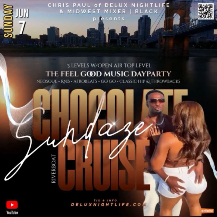 Get ready for an awesome in-person chill session & riddim explosion with the "CHOCOLATE SUNDAZE CRUISE"! It's all about good vibes, great company, and a super fun atmosphere. Whether you're here to relax, meet cool people, or just enjoy the moment, this event has got you covered. Don't miss out on the perfect Sunday cruise experience filled with amazing music & giving happy hour vibrations!
Sunday June 7th | 5-8pm!
30 & UP | RATED M (Mature)
Tix & info available on
• Eventbrite
• Deluxnightlife.com (N🛑 Eventbrite fees 🚨) (link in bio)