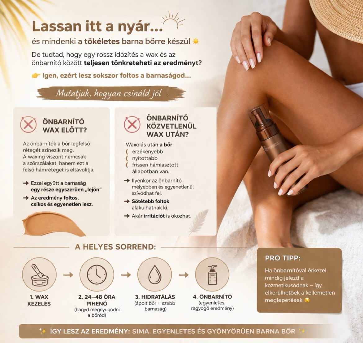 Lassan itt a nyár… és mindenki a tökéletes barna bőrre készül.☀️
De tudtad, hogy egy rossz időzítés a wax és az önbarnító között teljesen tönkreteheti az eredményt?
👉 Igen, ezért lesz sokszor foltos a barnaságod…
Mutatjuk, hogyan csináld jól 👇
❌ Önbarnító WAX ELŐTT?
Az önbarnítók a bőr legfelső rétegét színezik meg.
A waxing viszont nemcsak a szőrszálakat távolítja el, hanem ezt a felső hámréteget is.
👉 Ez azt jelenti, hogy a barnaság egy része egyszerűen „lejön”
👉 az eredmény foltos, csíkos és egyenetlen lesz
❌ Önbarnító közvetlenül WAX UTÁN?
Waxolás után a bőr:
– érzékenyebb
– nyitottabb
– frissen “hámlasztott” állapotban van
👉 Ilyenkor az önbarnító mélyebben és egyenetlenül szívódhat fel
👉 sötétebb foltok alakulhatnak ki
👉 akár irritációt is okozhat
💡 Hogyan csináld helyesen?
✔ Wax kezelés
✔ 24–48 óra pihenő (hagyd megnyugodni a bőröd)
✔ alapos hidratálás
✔ csak ezután önbarnító
✨ Így lesz az eredmény:
– sima bőr
– egyenletes szín
– természetes, napcsókolta hatás 😉
* PRO TIPP:
Ha önbarnítóval érkezel, mindig jelezd a kozmetikusodnak így elkerülhetőek a kellemetlen meglepetések.😉
Mentsd el későbbre, a nyári rutinod meg fogja hálálni. 🤍
#waxolas #onbarnito #nyaribőr #szepsegapolas #simabor