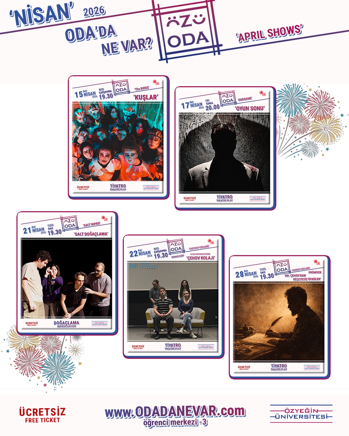 Nisan ayında yine ve yeniden sizlerleyiz! 🥳
Nisan ayında yeni oyunumuzun prömiyeri ve birçok gösterim ile sizlerleyiz. Nisan ayında tiyatroya doymak ve eğlencemize ortaklık etmek için sizleri aramıza bekliyoruz 🙏
📍Öğrenci Merkezi -3 | ÖZÜ ODA
👉🏻odadanevar.com
#özüoda #theatre #thismonth #nisan