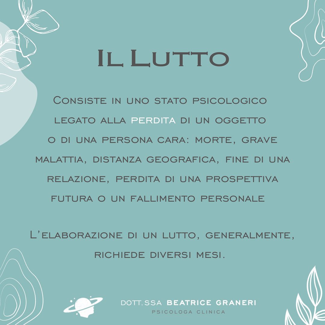 IL LUTTO
… consiste in una condizione, che può essere sia successiva sia anticipatoria, legata alla perdita di una persona cara, non necessariamente dovuta alla morte della stessa.
🔹 il lutto può essere caratterizzato da senso di colpa, tristezza, confusione e viene elaborato attraversando quattro fasi: rifiuto, rabbia, negoziazione e depressione fino ad arrivare all’accettazione.
E tu cosa ne pensi? Lascia il tuo parere nei commenti ⬇️
📞 +39 3516552549
✉️ b.graneri@hotmail.it
🔍 www.beatricegraneri.com