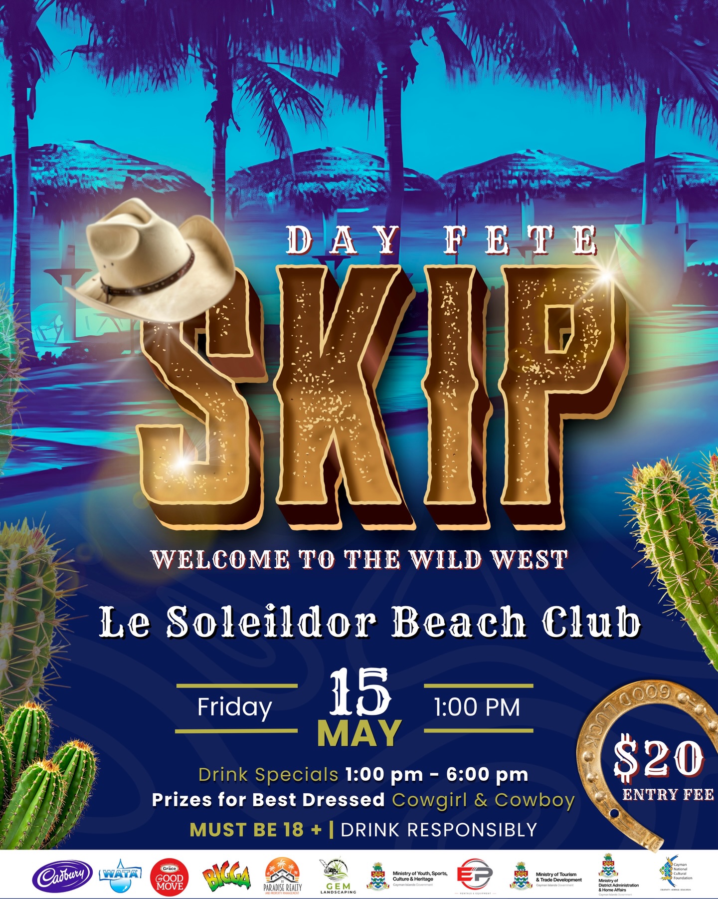 Welcome to the Wild West 🤠🌵
Join us for SKIP Day Fete at Le Soleildor Beach Club — where cowboys, cowgirls, and poolside vibes collide 💦🔥
🗓 Friday, May 15
⏰ 1PM – 6PM (drink specials all afternoon 🍹)
👢 Best dressed cowgirl & cowboy wins prizes
💦 Pool vibes all day — come ready to cool off
🎟️ $20.00 Entry Fee
Saddle up- it’s Party time 🎊✨
#braccanal#braccanalcarnival#braccanal2026
