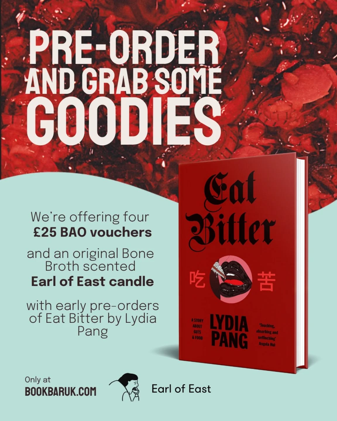 GIVEAWAY TIME!
Pre-order a copy of Eat Bitter by @lydia_pang_ and be in with the chance of winning one of four £25 vouchers for @baolondon in London or an exclusive @earlofeast bone broth candle, thanks to @vintagebooks.
All you have to do is pre-order a copy of Eat Bitter before publication day on 14th May at our website (link in bio) and we'll enter you into the draw to win!
More about Eat Bitter...
A beautiful and fearless exploration of food and feelings – with bite – for fans of Crying in H Mart and Midnight Chicken.
‘Touching, absorbing and unflinching… shows you how to stomach life’s shit, celebrate the ugly, and keep going' Angela Hui
Eat bitter is a Chinese proverb meaning ‘endure hardship to taste sweetness.’ For Lydia Pang, it embodies the struggles of her Hakka ancestors, a persecuted Chinese ethnic group whose ingenuity shaped a food culture rooted in fermenting and foraging.
Pang reimagines eating bitter as a philosophy to confront her own challenges: burning out, testing her marriage, navigating fertility struggles and caring for a parent. Through eight recipes, she shares food as memory and medicine: the silly egg noodles her father cooked when her sister was ill, the bone broth she boiled in New York while homesick and courgettes grown in rural Wales as a gesture of reconnection.