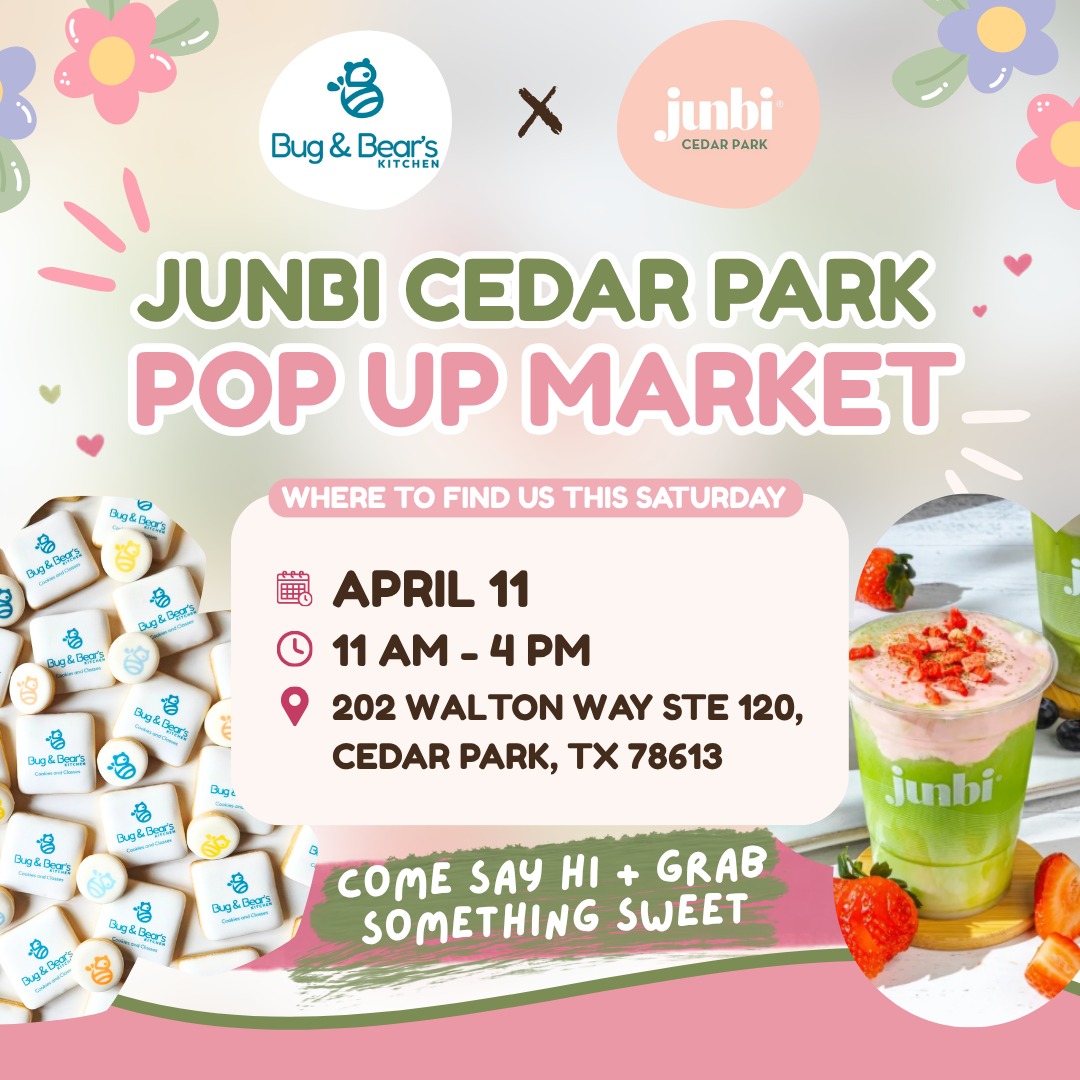 Cedar Park friends, come find us this Saturday 🍪🧋
Bug & Bear’s Kitchen will be at the Junbi Cedar Park Pop-Up Market this Saturday, April 11 from 11 AM–4 PM at 202 Walton Way, Ste 120, Cedar Park.
Junbi Cedar Park has been hosting amazing local pop-ups, so it’s the perfect chance to stop by, support local, and grab something sweet. ❤️
Tag your Cedar Park date buddy below 👇
Follow @bugandbearskitchen for more sweet updates.