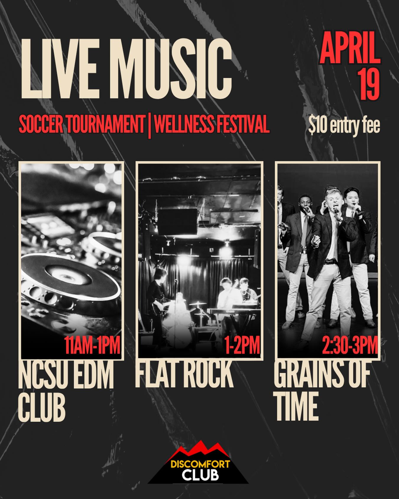 Live music lineup for April 19th!
Discomfort Club is teaming up with @biggerthansportsco for a soccer tournament and wellness festival.
Weโre raising money for student-athletes in underserved communities to build a future beyond the game.
Get your tickets at the link in bio!