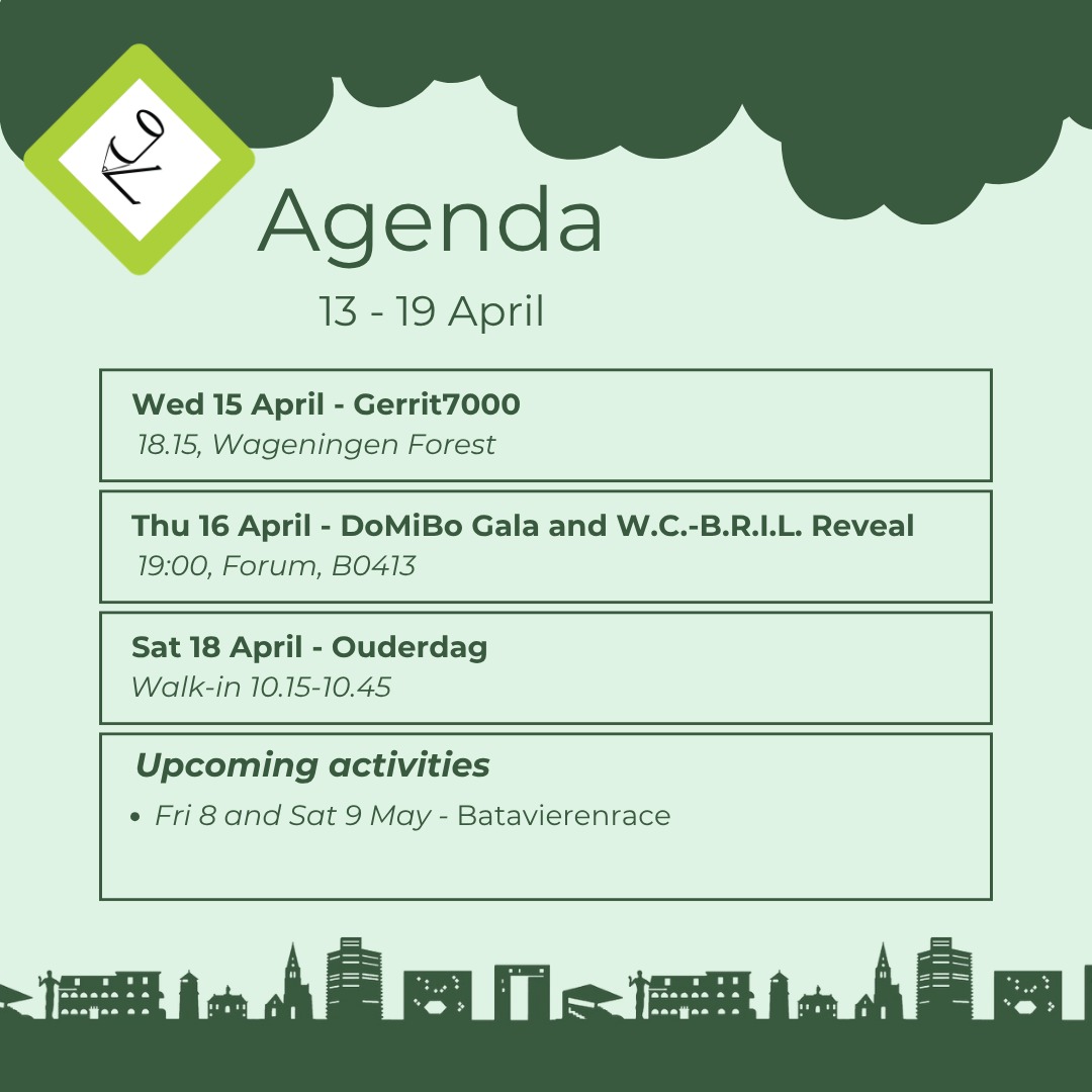 Gerrit7000
Do you like running? Do you like beer? Then the Gerrit is the ultimate activity for you! Registration closes today!
DoMiBo Gala and W.C.-B.R.I.L. Theme reveals
The time is finally here!! Get to know the themes of the Gala and W.C.-B.R.I.L. with some free accompanying drinks and snacks!
Ouderdag
Bring your parents to see what you're doing at the university!
(Only for second year BLP students)