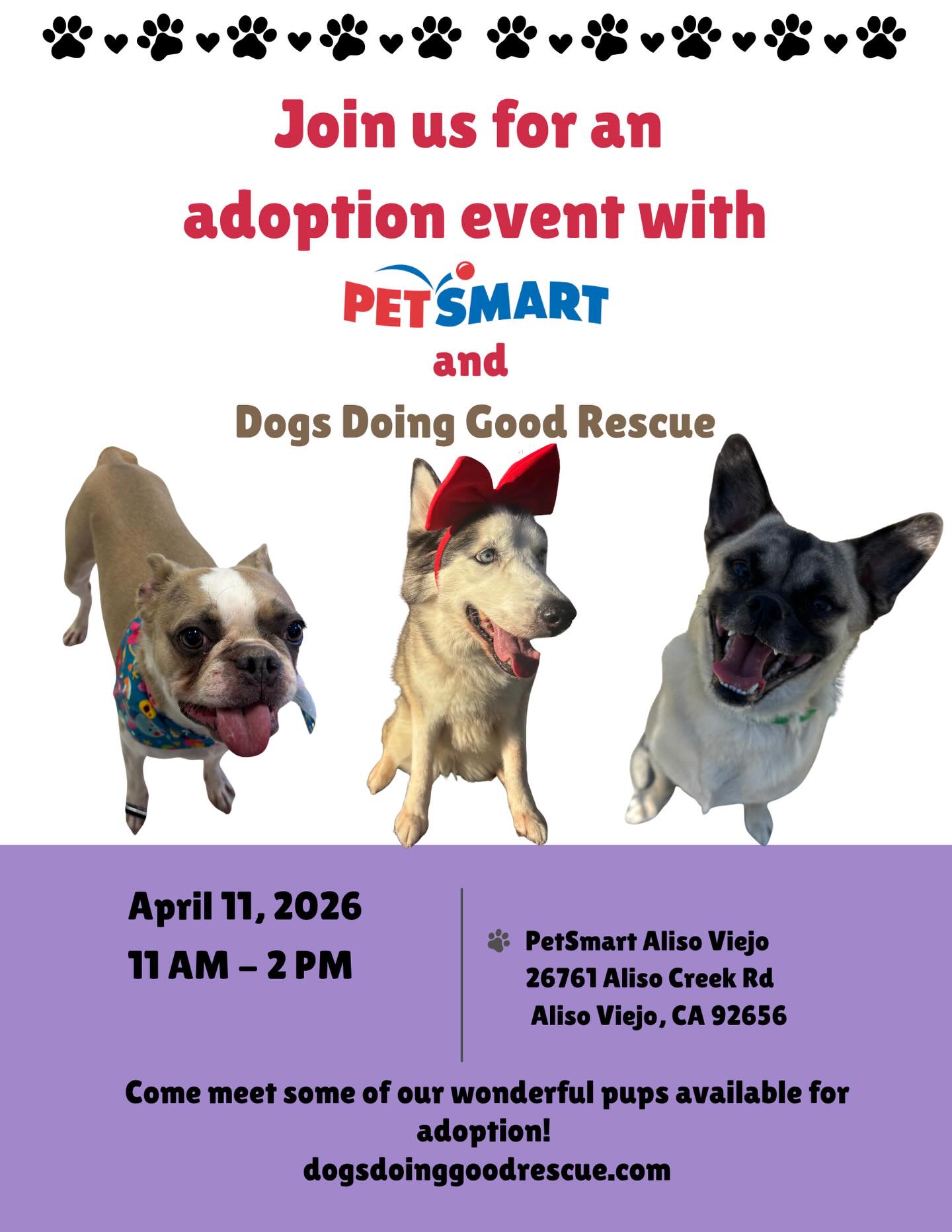 Come spend the day with us and meet some of our adorable, adoptable pups! 🐾
We’re so excited to be hosting an adoption event with the Aliso Viejo PetSmart @petsmart_aliso_viejo and would love for you to join us. Whether you’re looking to adopt or just want to stop by and meet our sweet dogs, we’d be so happy to see you! 🐶✨
🐾 Saturday, April 11th
🐾 11:00 AM – 2:00 PM
📍 26761 Aliso Creek Rd, Aliso Viejo, CA
Who knows… your new best friend might be waiting for you 💕