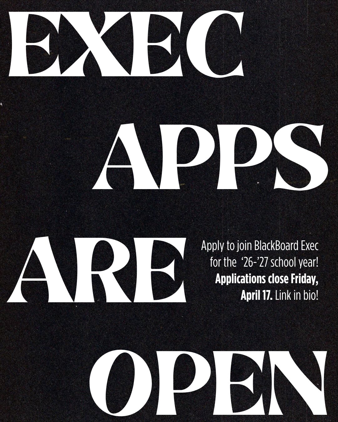 Interested in writing, photography, graphic design, financial management or running an entire magazine? Apply for a leadership position in BlackBoard! Students of all majors are welcome to apply. The application will close next FRIDAY, APRIL 17 @ 11:59 PM.