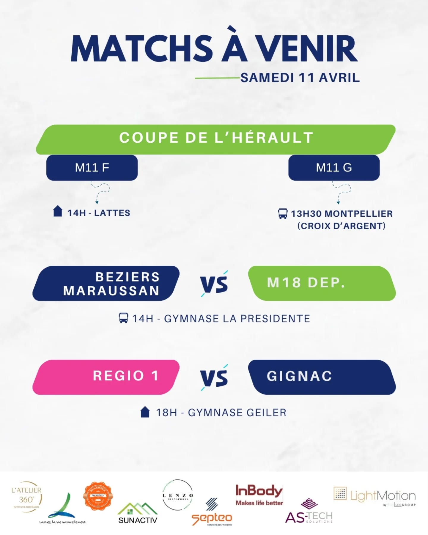 📅 Matchs à venir 📅
Un weekend sous le signe des 🏆 !
🏆 𝗖𝗼𝘂𝗽𝗲 𝗱𝗲 𝗹'𝗛é𝗿𝗮𝘂𝗹𝘁 : début des brassages samedi pour nos M11 filles et garçons
🇨🇵 𝗖𝗼𝘂𝗽𝗲 𝗱𝗲 𝗙𝗿𝗮𝗻𝗰𝗲 𝗠𝟭𝟯 : nos M13 joueront à domicile dimanche pour le dernier tour avant les phases finales 🔥🔥
1er match à 11h face à Ste Maxime, tous au gymnase pour les encourager !! 📣
🇨🇵 𝗖𝗼𝘂𝗽𝗲 𝗱𝗲 𝗙𝗿𝗮𝗻𝗰𝗲 𝗠𝟮𝟭 : déplacement dimanche à Cannes pour le 5ème tour, 1er match à 14h30 face au RC Cannes
🏖 𝗖𝗼𝘂𝗽𝗲 𝗱𝗲 𝗙𝗿𝗮𝗻𝗰𝗲 𝗯𝗲𝗮𝗰𝗵 : un collectif senior est engagé pour représenter le club dimanche sur le sable
➡️ En championnat senior, la régio 1 reçoit Gignac samedi à 18h à domicile
➡️ Du côté des (plus) jeunes, les M13 et M18 joueront à l'exterieur samedi
🔵Bons matchs à tous🟢
#ffvb #volleyball #volleyballlife #lattesvolley