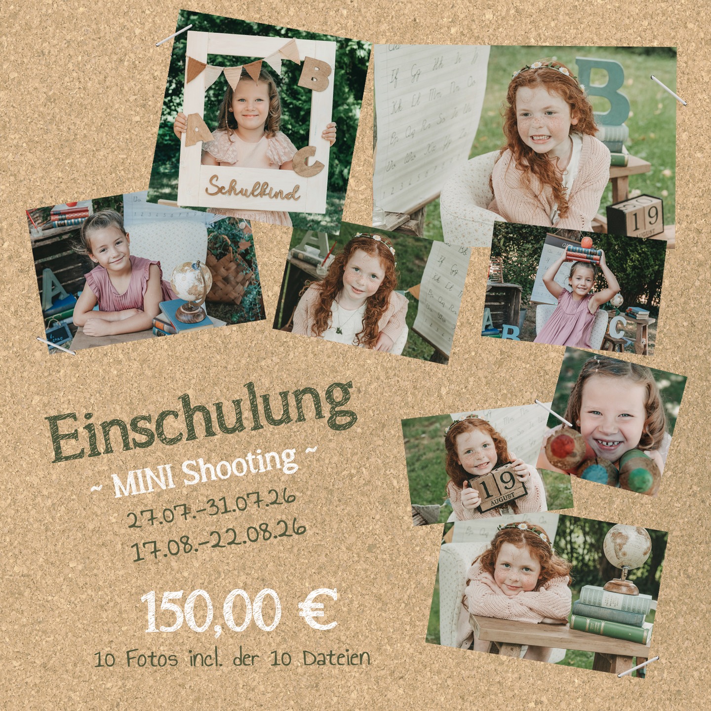 Einschulung 2026 – haltet die ersten großen Schritte für immer fest!
Die kleinen werden groß und dieser besondere Meilenstein verdient unvergessliche Erinnerungen.
Auch in diesem Jahr biete ich wieder liebevoll gestaltete Einschulungs-Mini-Shootings an.
In entspannter Atmosphäre entstehen natürliche, fröhliche Bilder, die diesen einmaligen Tag für euch festhalten.
📅 Begrenzte Termine – sichert euch rechtzeitig euren Platz!
Ich freue mich auf eure kleinen Schulstarter! 😊