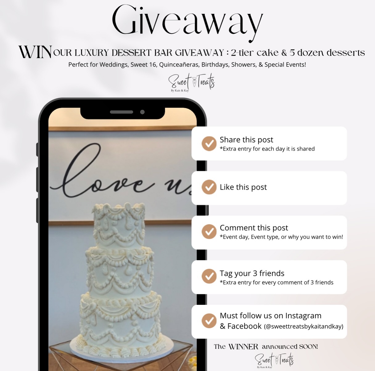 Celebrating 3 Years of Sweet Treats by Kait & Kay ๐ฅ ๐
To celebrate 3 amazing years of Sweet Treats by Kait & Kay, weโre giving ONE lucky winner our Luxury Dessert Bar Package ๐ค
โจ 2-tier cake + 5 dozen desserts โจ
Perfect for weddings, birthdays, baby showers, quinceaรฑeras & special events!
HOW TO ENTER:
๐ค Like this post
๐ค Comment your event date, event type, or why you want to win
๐ค Tag 3 friends (each tag = extra entries!)
๐ค Share to your story for daily bonus entries
๐ค Follow us on Instagram & Facebook (@sweettreatsbykaitandkay)
๐ค Bonus Entry: Enter on our website (link in bio)
OFFICIAL RULES:
โข Must be located in Central Florida (pickup/delivery only)
โข Event must take place in 2026 (subject to availability)
โข Date must be approved before booking
โข Giveaway must be redeemed within a set timeframe after winning
โข Not valid on already booked orders
โข Not redeemable for cash
โข Package includes a standard 2-tier cake + 5 dozen desserts (final design based on our style & availability)
โข Delivery is included within a 5-mile radius of our location; events outside this area will incur a delivery fee based on distance
โข Setup for weddings/events may require an additional fee depending on venue
โข Customizations, upgrades, and specialty designs are available at an additional cost
โข If requested date is unavailable, an alternate date must be selected
โข By entering, you agree to allow us to photograph and share your order for marketing purposes
#orlandobakery #orlandocakes #dessertbar #customcakes #floridaweddings