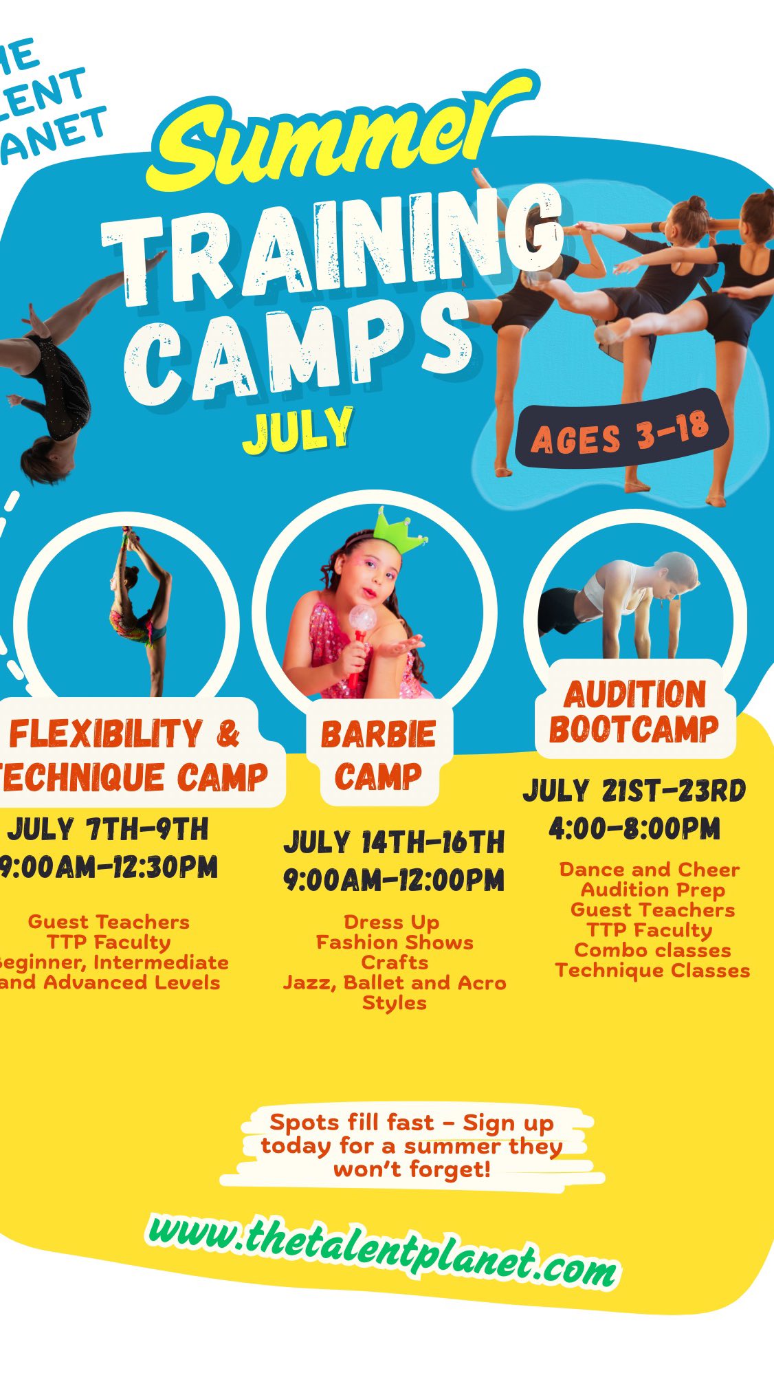 Our Summer Training enrollment is filling fast!
Grab your spot to train with us this July!
http://thetalentplanet.com/summer
⭐️Flexibility/Technique Camp
⭐️Barbie Camp
⭐️Audition Bootcamp