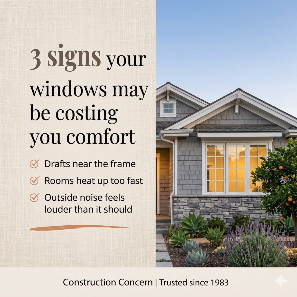 Your windows may be saying more than you think.
If your rooms heat up fast, feel drafty, or let in more noise than they should, it may be time to take a closer look.
Comfort matters just as much as curb appeal.
Get a Free Estimate at constructionconcern.com
#ConstructionConcern #Windows #WindowReplacement #HomeComfort #EnergyEfficientHome #LosAngelesHomes #HomeUpgrade #SoCalLiving