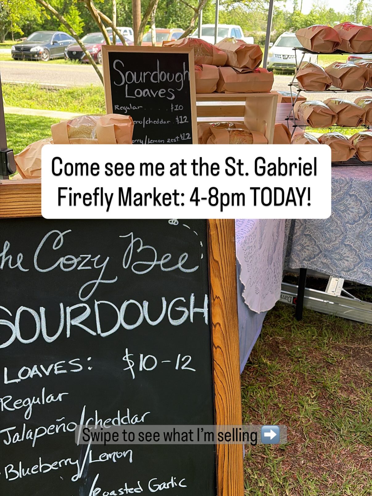 I’ll be at the St. Gabriel Firefly market from 4-8pm, you don’t want to miss it!! 🍞
I’ll be selling my signature sourdough loaves:
• Regular
• Jalapeño/Cheddar
• Blueberry/Lemon Zest
• Rosemary/Roasted Garlic
And COOKIES! 🍪
• Chocolate chip
• Iced Oatmeal
• Snickerdoodle
🐝Locatino:
3495 LA-75
Saint Gabriel, LA 70776