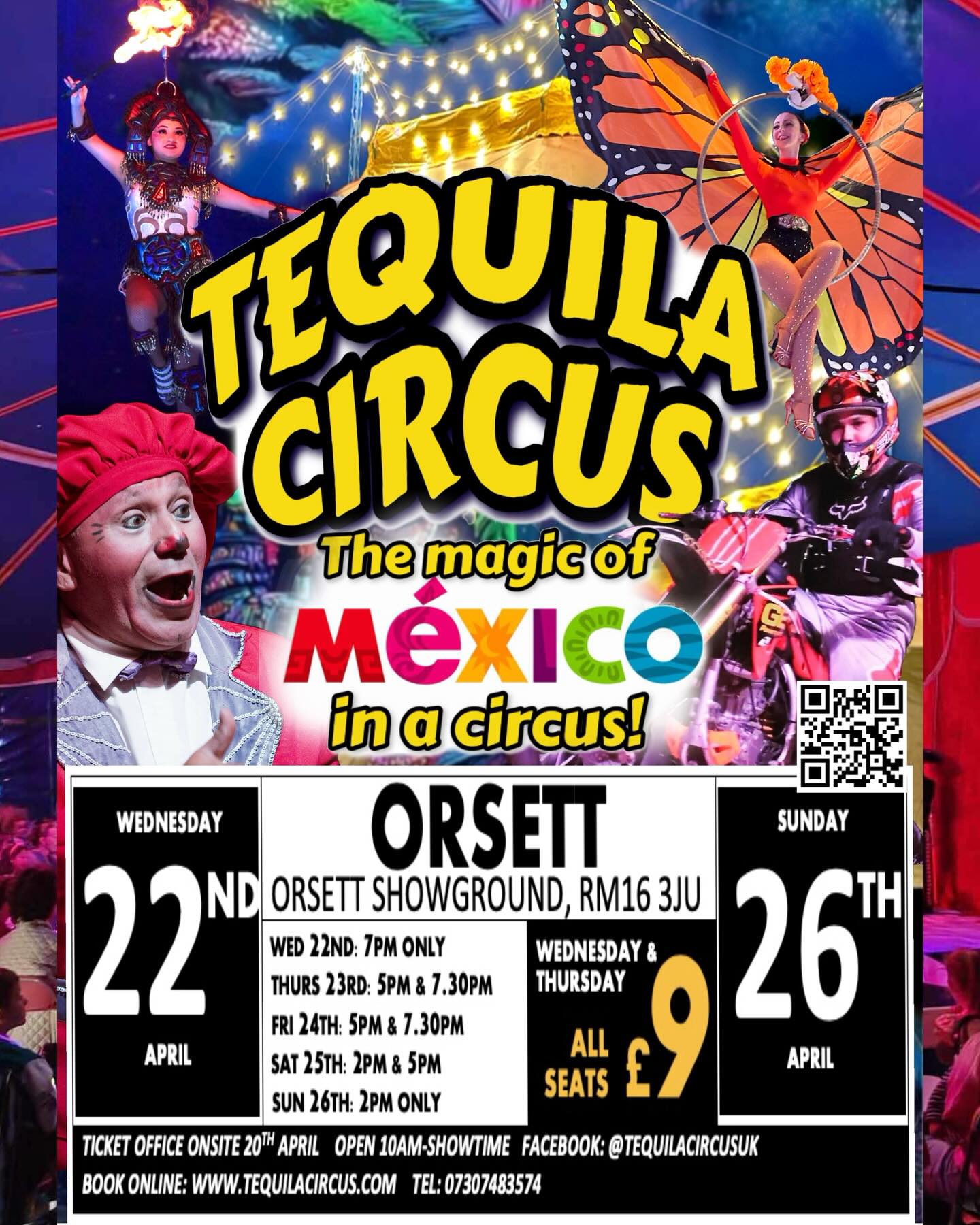 FIRST TIME EVER! Tequila Circus will be performing in ORSETT 🤩
🎪 Mexico in a Circus: Tequila Circus is a bilingual zingy show full of wonders, belly laughs, beautiful aerialists, high octane stunts and traditional Mexican dance, all presented in Spanish AND English
🗓️ SHOWTIMES
Wednesday 22nd April - 7PM ONLY
Thursday 23rd April - 5PM & 7:30PM
Friday 24th April - 5PM & 7:30PM
Saturday 25th April - 2PM & 5PM
Sunday 26th April - 2PM ONLY
📍LOCATION
Orsett Showground, Grays, RM16 3JU
what3words///hope.worth.rider
🎟️ TICKETS
Online: www.tequilacircus.com/tickets
Onsite from Monday 20th April
For more info check out of website www.tequilacircus.com or send us a message
🇲🇽Nos vemos en el circo!🇲🇽🇬🇧See you in the circus!🇬🇧