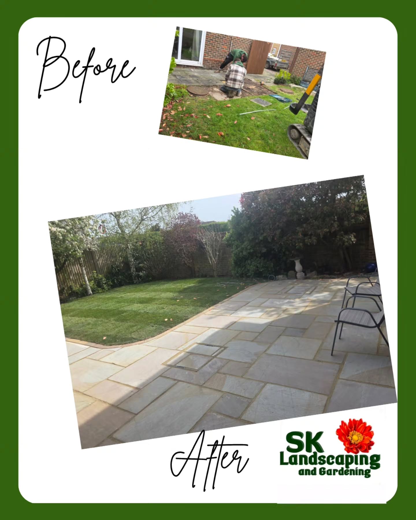 Lovely sandstone patio install in Iwade. A returning client, needed a larger, level patio and new, leveled lawn. The homeowner chose to mix two shades which looked great! Another happy SK customer!