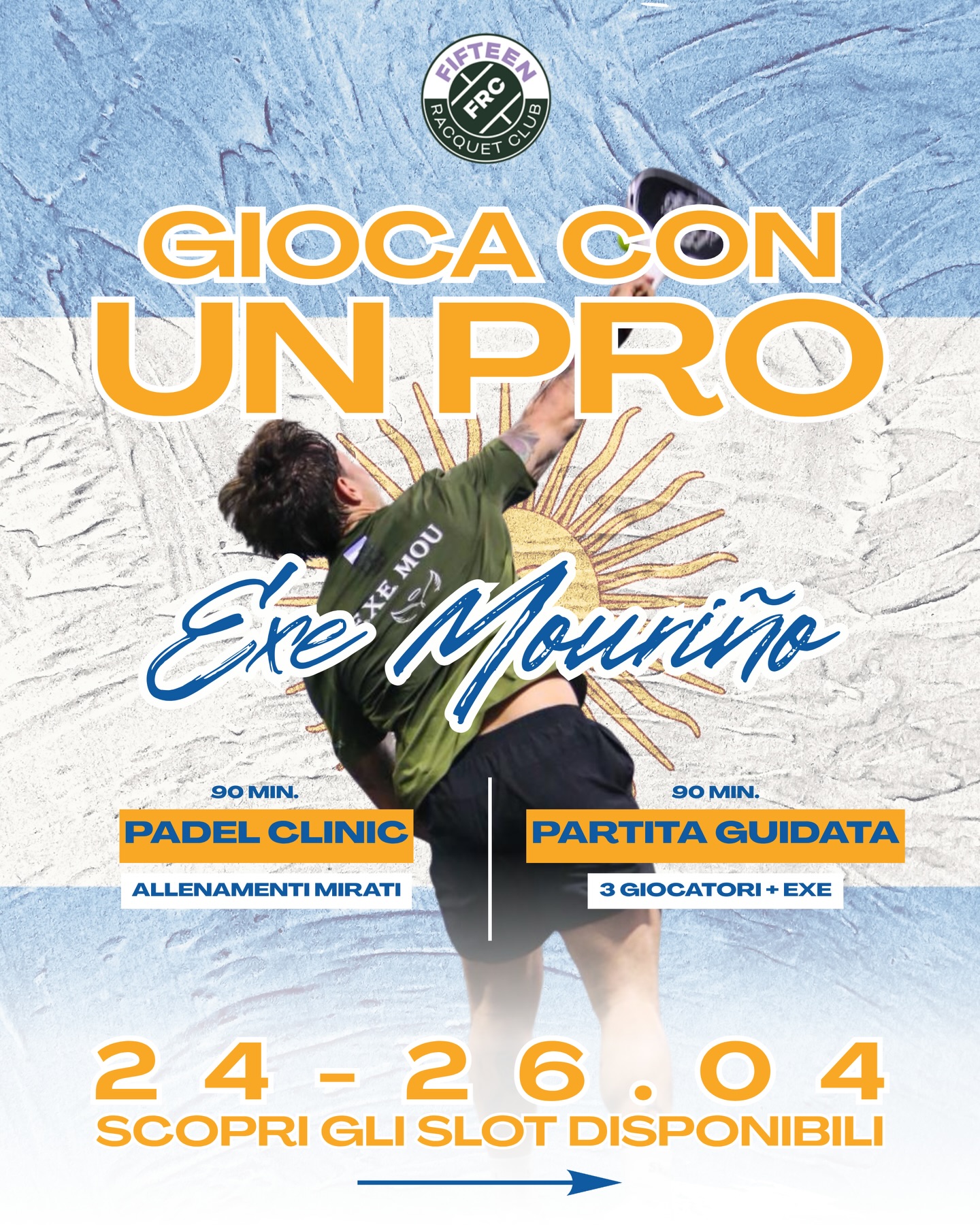 Gioca con un PRO!
Dal 24 al 26 Aprile hai la possibilità di conoscere i segreti di un professionista
🎾 PADEL CLINIC (90 min)
Allenamenti mirati, ritmo gara, correzioni reali
🎾 PARTITA GUIDATA (90 min)
3 giocatori + Exe in campo con te
👉 gioco, consigli e situazioni vere
Con 👉 Exequiel Mouriño
Top player WPT (ranking 101)
—
⚠️ Gli slot stanno finendo
👉 scorri e scegli il tuo
📍 Fifteen Racquet Club – Traversetolo
📲 Prenota ora: +39 348 8204373 (Nicola)