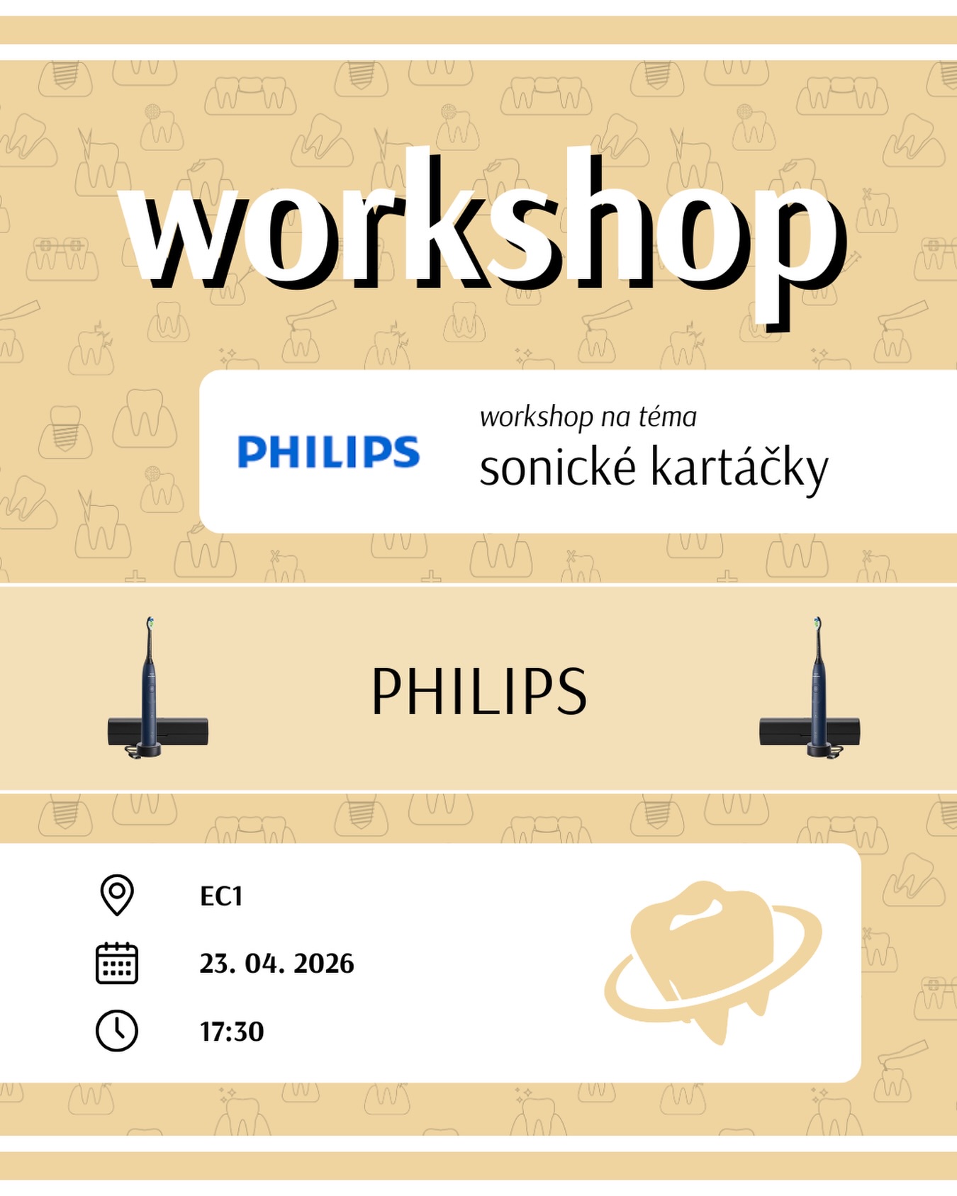 Ve čtvrtek 23. 4. dorazí na workshop Philips Sonicare! ⚡️
Sejdeme se ve Výukovém centru v EC1 od 17:30, kde si společně projdeme vše, co je potřeba vědět o sonických elektrických kartáčcích. 🪥✨
❗️ Pozor – kapacita je omezená na 29 studentů!
👉 Tak neváhejte a přihlaste se přes odkaz v biu nebo ve stories. Těšíme se na vás! 💙