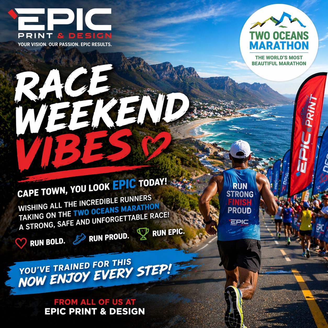 🏃♂️🌊 Cape Town, it’s race weekend! 🌊🏃♀️
To all the incredible runners taking on the Two Oceans Marathon — we’re cheering you on every step of the way! 💙🔥
From early mornings to the final stretch, your dedication is inspiring. Go out there and give it everything — you’ve got this! 💪
Run bold. Run proud. Run EPIC. 🙌
#twooceansmarathon #runcapetown #epicprint #muizenberg #supportlocalbusinesses #raceweekend #runstrong #CapeTownVibes
