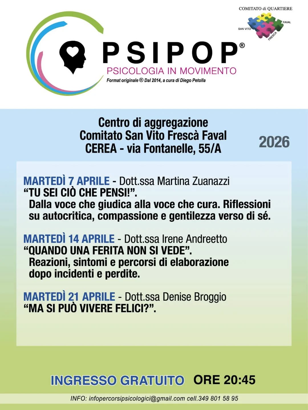 Condividiamo locandina degli incontri gratuiti di Psipop, dove la nostra Irene Andreetto Psicologa questa sera condurrà l'incontro
"quando una ferita con si vede"
INCONTRO GRATUITO 🙏💖
#psichéinforma
@percorsipsicologici