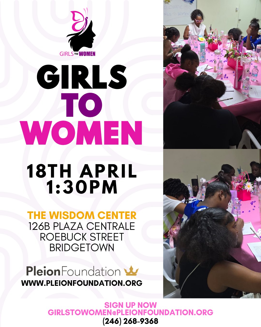 Girls To Women is coming in HOT on 18th APRIL at 1:30 PM!
This is your royal moment queens, a super cute, empowering afternoon filled with sisterhood, real talk, confidence boosts, and everything you need to step into your next level as the amazing woman you’re becoming!
The Wisdom Center
126B Plaza Centrale, Roebuck Street, Bridgetown
Spots are filling up fast, so sign up NOW besties!
girlstowomen@pleionfoundation.org
(246) 268-9368
Tag your entire girl gang and pull up, this one’s gonna be unforgettable!!
#girlstowomen #glowupseason #sisterhoodgoals #pleionfoundation #queens