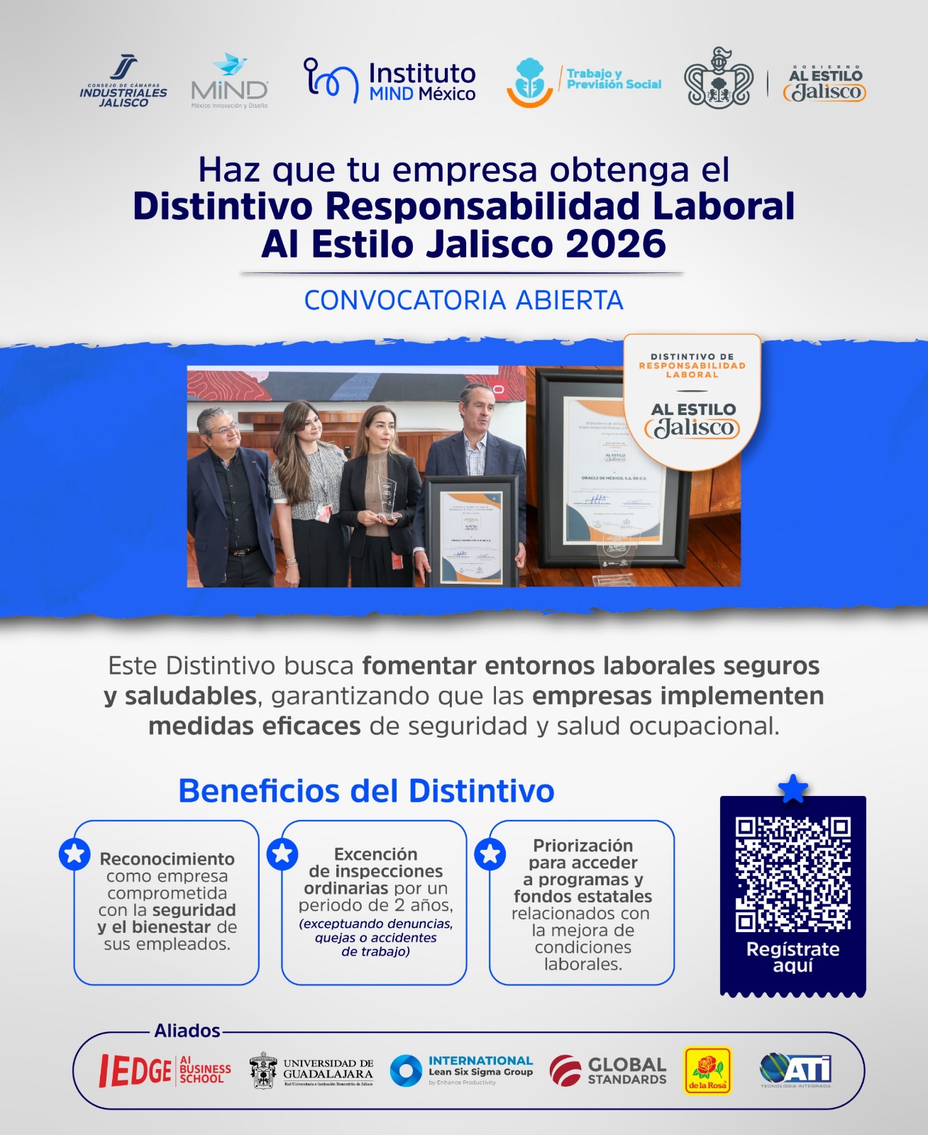 ¡Haz que tu empresa destaque! 🚀
Ya está abierta la convocatoria para obtener el Distintivo Responsabilidad Laboral al Estilo Jalisco 2026 🏅
Este reconocimiento impulsa a las empresas a fortalecer entornos laborales seguros, saludables y con alto compromiso hacia sus colaboradores.
✨ Beneficios:
✔️ Reconocimiento como empresa responsable
✔️ Exención de inspecciones ordinarias hasta por 2 años
✔️ Acceso preferente a programas y apoyos estatales
Es el momento de posicionar a tu empresa como un referente en bienestar laboral 💼
📲 Regístrate ahora escaneando el código QR de la imagen
🔗 O da clic aquí: https://forms.gle/VbHRRe31ZxWSJTtN9
¡No dejes pasar esta oportunidad!