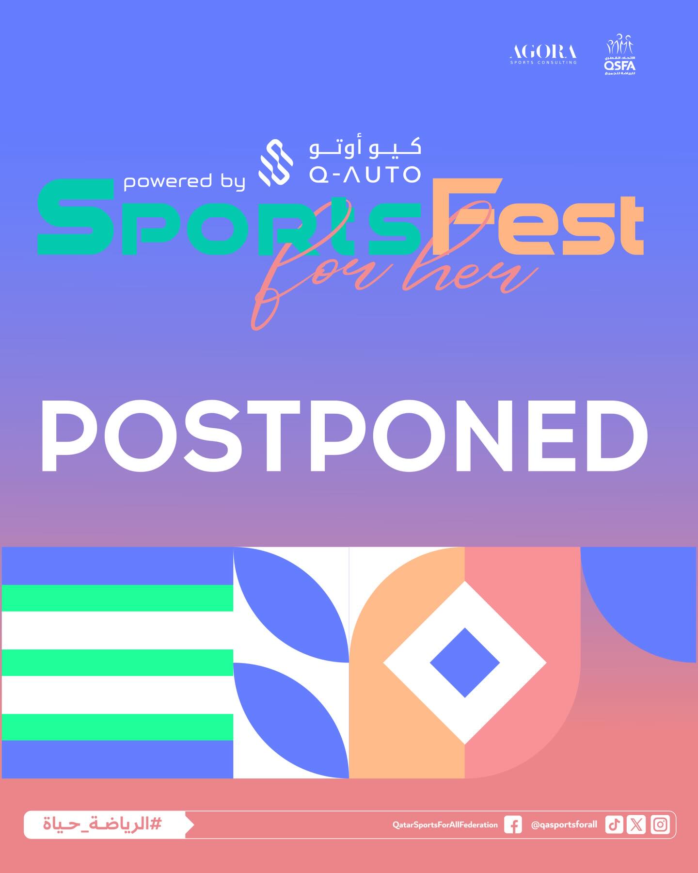 نأسف لإبلاغكم بأن فعالية Sports Fest For Her، والتي كان من المقرر إقامتها في 21 أبريل 2026، قد تم تأجيلها.
لقد بذلنا قصارى جهدنا للحفاظ على الموعد، وعملنا حتى اللحظات الأخيرة لإنجاح الحدث، ولكن للأسف لم يكن ذلك ممكنًا.
أولويتنا هي تقديم الفعالية بأعلى مستوى ممكن، وضمان استمتاعكم بالتجربة إلى أقصى حد 🤍
نعمل حاليًا على تحديد موعد جديد بالتنسيق مع جميع الأطراف المعنية، وسيتم الإعلان عنه قريباً.
Dear ladies 💛
We regret to inform you that Sports Fest For Her, originally scheduled for 21 April 2026, has been postponed.
We truly did our best to keep the date and worked until the very last moment to make it happen. Unfortunately, this was not possible, and we are as disappointed as you are.
Our priority is to deliver the event at the highest level and make sure you enjoy the experience to the fullest 🤍
We are currently finalizing a new date with all parties involved and will announce it by the end of this week.
✨ All registrations remain valid
✨ The event is almost sold out
Thank you for your trust, patience, and understanding — we can’t wait to welcome you soon.
