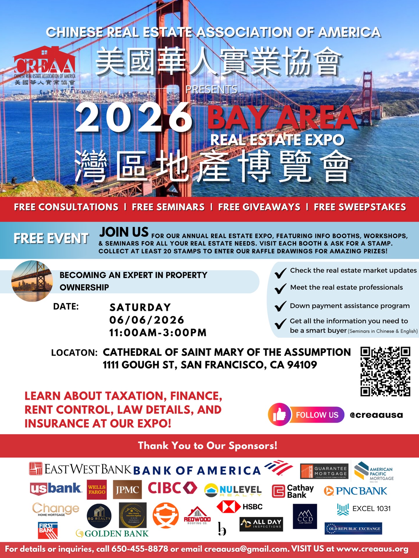 🚨 Calling all real estate professionals & businesses!
Join us at the 2026 Bay Area Real Estate Expo and get your brand in front of a highly targeted audience of homebuyers, investors, and industry professionals.
✨ Booth spaces are now available starting at $588
✔️ Showcase your services
✔️ Connect with potential clients
✔️ Build real relationships in the community
💡 Already a sponsor?
Depending on your sponsorship tier, a booth may already be INCLUDED — check your benefits!
📍 Cathedral of Saint Mary of the Assumption, SF
📅 June 6, 2026 | 11AM–3PM
Spots are limited — don’t wait 👀
Secure your booth today and be part of one of the Bay Area’s biggest real estate events!
📩 DM us or email creaausa@gmail.com to reserve your spot
#CREAA #BayAreaRealEstate #RealEstateExpo #Networking #RealEstateProfessionals BayAreaEvents BusinessOpportunity
⸻
🚨 誠邀地產相關企業及專業人士參與!
加入我們的 2026灣區地產博覽會,讓您的品牌直接接觸大量潛在買家、投資者及業界人士!
✨ 展位現正開放,費用 $588起
✔️ 展示您的服務與品牌
✔️ 拓展客戶資源
✔️ 建立高質量人脈關係
💡 已是贊助商?
根據您的贊助級別,展位可能已經包含在內,記得查閱您的贊助福利!
📍 舊金山聖母升天堂
📅 2026年6月6日 | 上午11點–下午3點
名額有限,先到先得 👀
立即預訂展位,參與灣區年度大型地產盛會!
📩 歡迎DM或電郵 creaausa@gmail.com 查詢及報名
CREAA 灣區地產 地產博覽會 商業機會 人脈拓展 舊金山活動