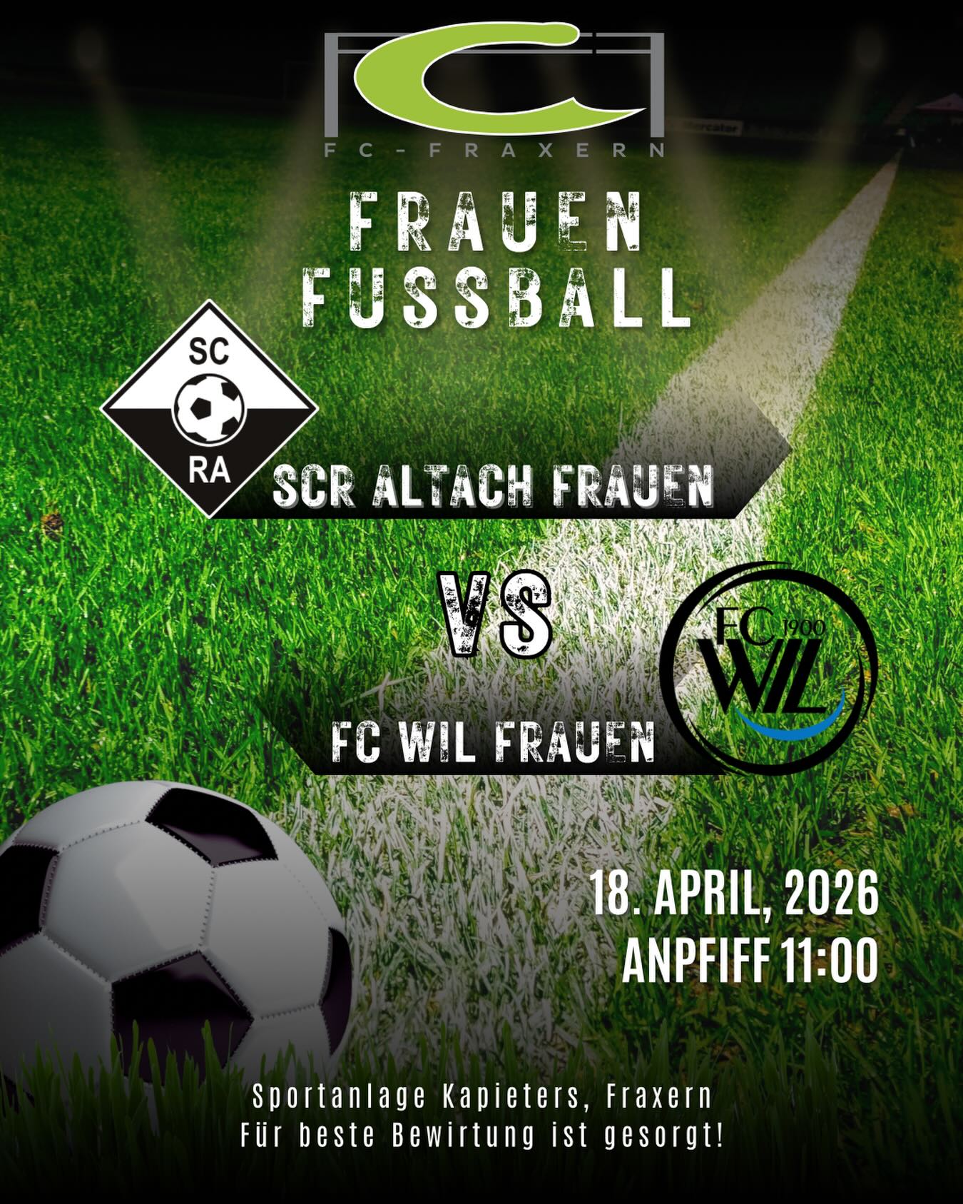 Frauenfußball in Fraxern! ⚽️
Auf unserer Sportanlage Kapieters ist ein spannendes Duell zu Gast:
SCR Altach Frauen vs. FC Wil Frauen 🔥
📅 18. April 2026
⏰ Anpfiff: 11:00 Uhr
📍 Sportanlage Kapieters, Fraxern
Ein echtes Highlight für alle Fußballfans – seid mit dabei und genießt beste Bewirtung vor Ort!
Wir freuen uns auf euch! ☀️
#frauenfussball #matchday #fraxern #fußball #vorarlberg