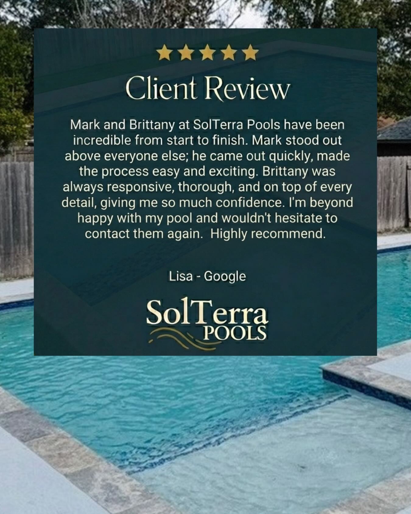 At SolTerra Pools, we believe the experience of building a pool should be just as great as the pool itself. We’re so grateful for clients like Lisa who appreciate the details and communication we put into every build. It was an absolute pleasure bringing this vision to life!
