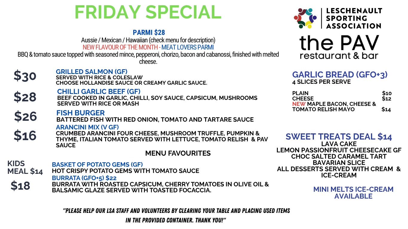 School holidays are here!
Come down to The Pav tonight for our specials, our parmi of the month, and footy on the big screen.
Or if youโd rather stay home, grab it as takeaway and enjoy it from the couch.