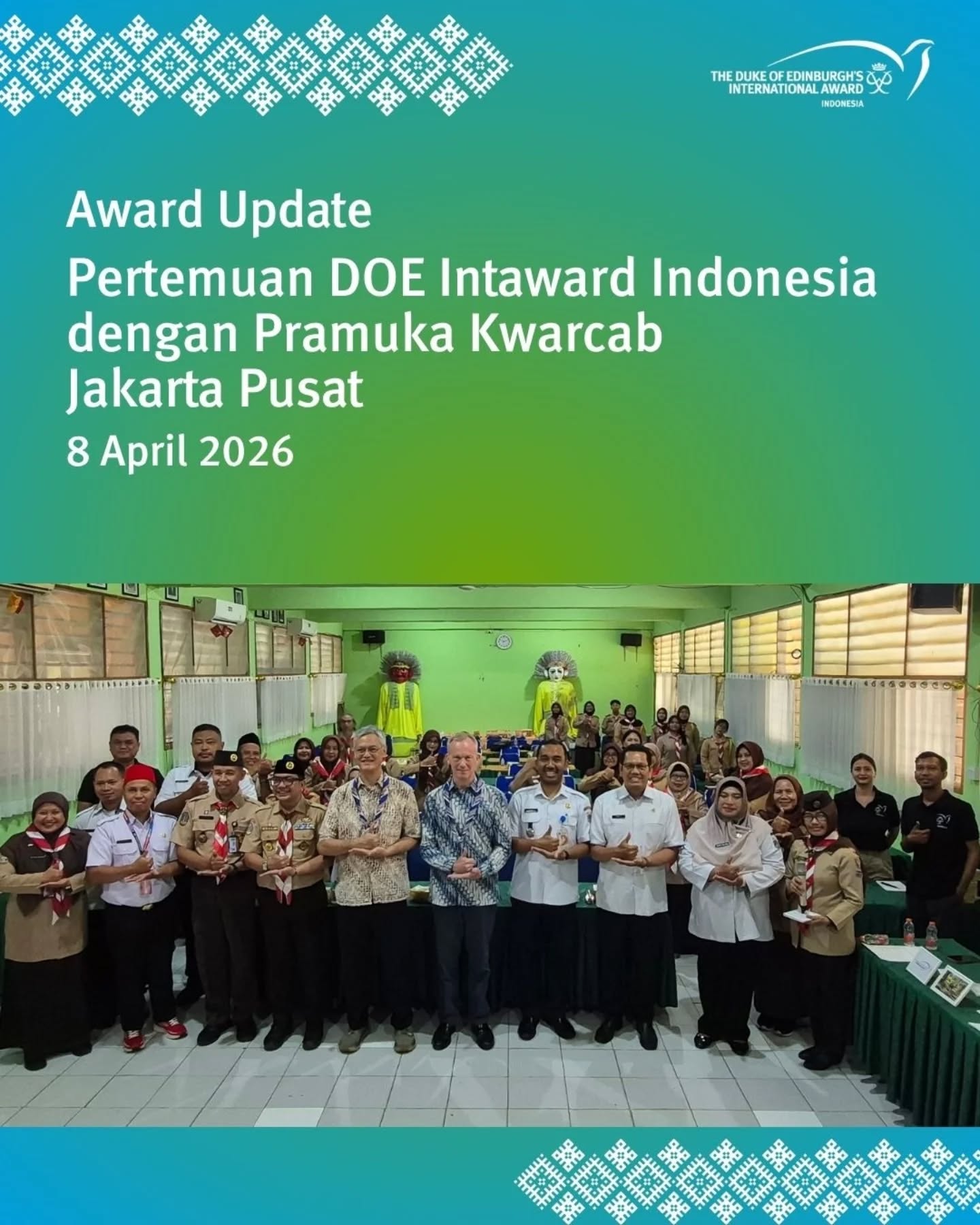 Pertemuan DOE Intaward Indonesia dengan Pramuka Kwarcab Jakarta Pusat!🕊⚜️
DOE Intaward Indonesia bertemu Pramuka Kwarcab Jakarta Pusat di acara Musran Johar Baru 2026. Dihadiri Director of Partnership & Development DOE Intaward Indonesia Pak Sonny Sukada, Interim Country Chairman DOE Intaward Indonesia Pak James Bryson, Pak Camat Johar Baru Ishran Prasetiawan, Waka Kwarcab Jakpus Kak Asep Supriyatna, Ketua Kwarran Johar Baru Kak Umarnatu, serta jajaran kelurahan dan sekolah Gugus Depan.
Acara berlangsung hangat dengan pemberian scarf Pramuka dan presentasi program Award oleh Kak Rangga. Semoga makin banyak Pramuka raih tujuannya bersama Award!
#IntawardIndonesia #WorldReady #Pramuka #WorldScout #Scout