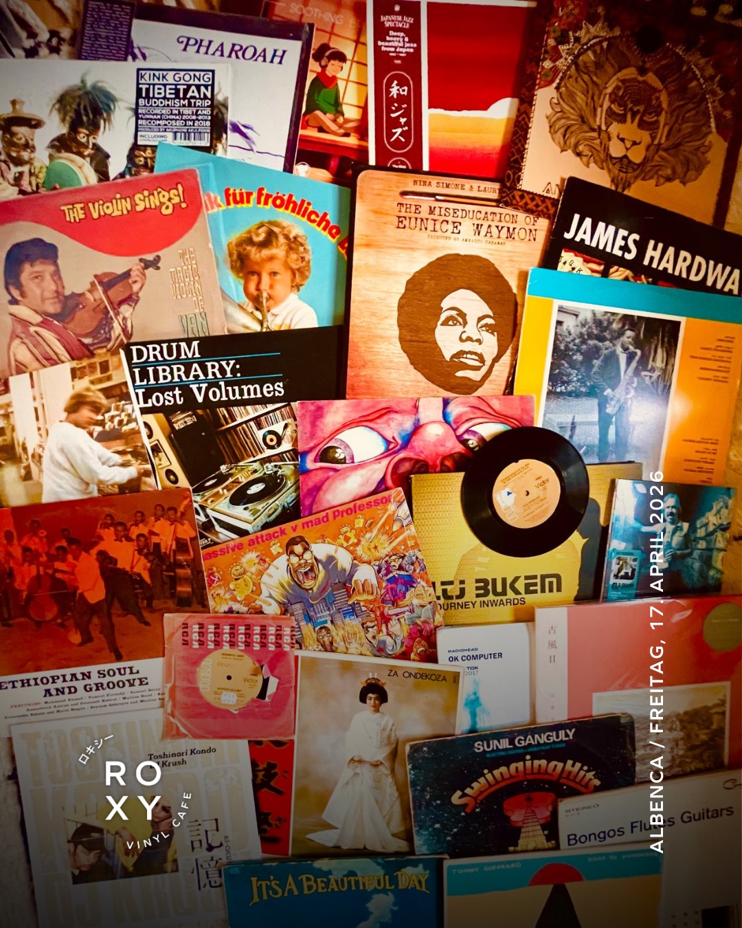 Roxy Vinyl Friday / Albenca
Freitag, 17. April 2026, 21:00
Gratis Eintritt!
Eclectic mix of warm Japanese jazz, old Hindi Film tunes from the 70s and 80s, Ethiopian Funk and 90s downbeat.
Albenca mixcloud.com/Albenca_music
#roxyvinylcafe #vinylcafe #musicbar #listeningbar #vinyl #winterthur