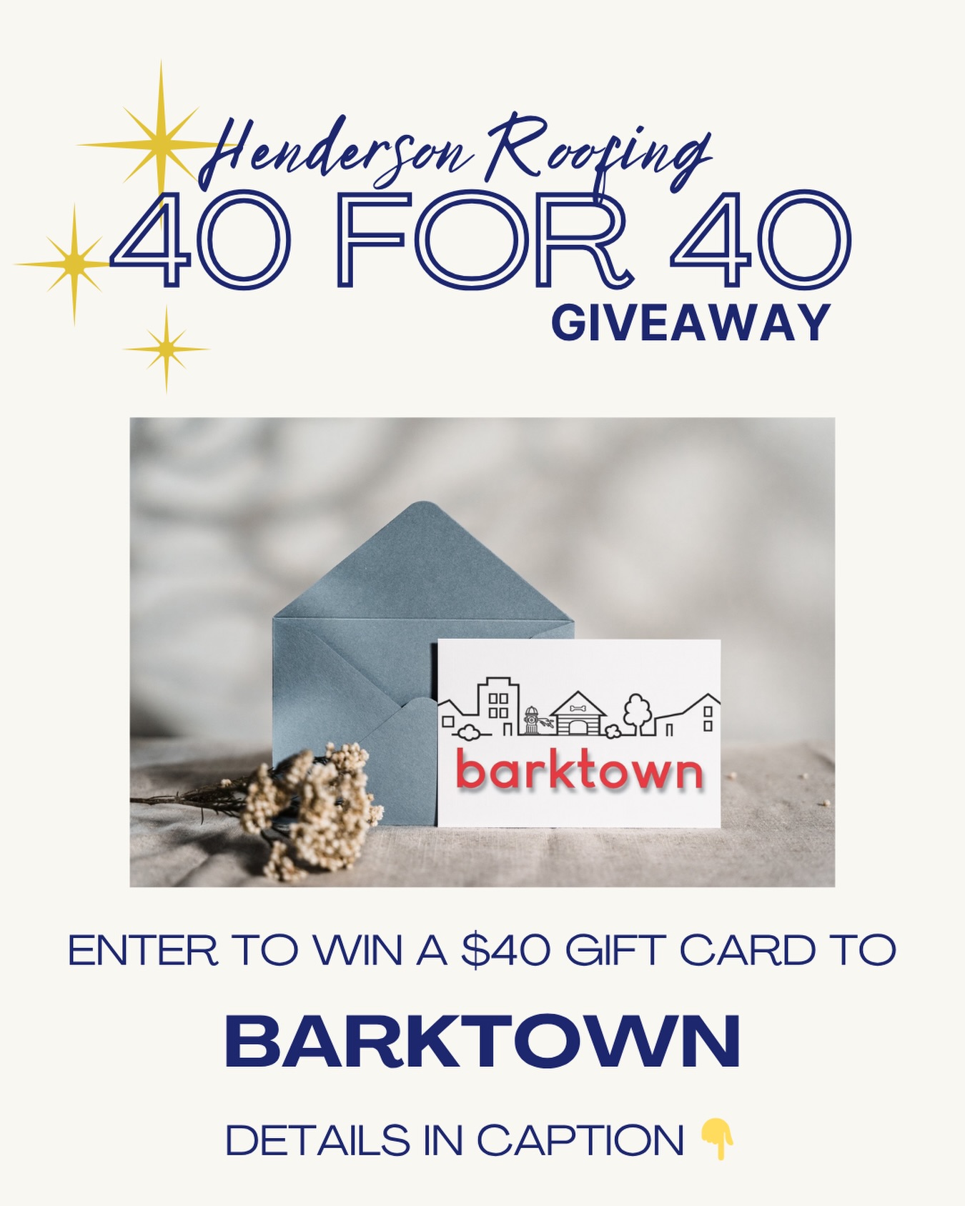 🎉40 FOR 40 GIVEAWAY🎉
Win a $40 gift card to Barktown!
How to enter:
1. Follow @hendersonroofing
2. Like this post
3. Tag a friend in the comments
4. Share this post
Winner will be announced on 5/20 from this page. Dont forget to hop over to our Facebook account and enter there too for an extra chance! 👀