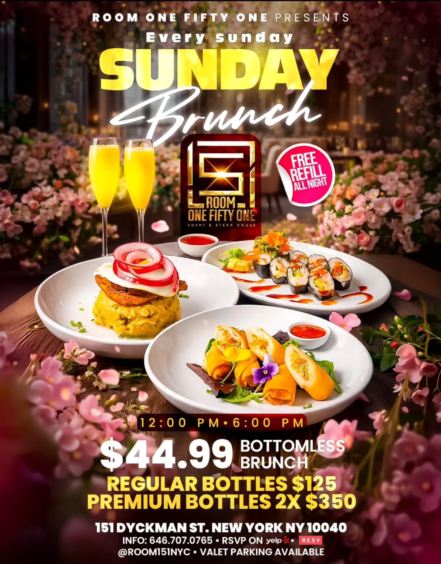 Sunday plans = locked 🔐
Brunch, mimosas & the perfect vibe at Room 151
🍽 Bottomless Brunch $44.99
🥂 Free refill all night
🌇 Every Sunday | 12PM–6PM
🍾 Bottles: Regular $125 | Premium 2x $350
Gather your friends and make Sunday your favorite day of the week
📍151 Dyckman St, NY
📞 RSVP: 646.707.0765
#Room151 #SundayBrunch #NYCBrunch #BottomlessBrunch #Dyckman SundayVibes