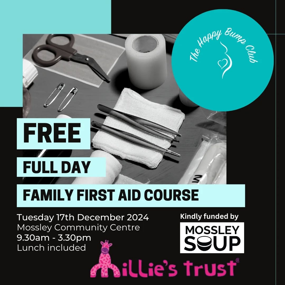 Good Morning Folks!
I am so pleased to announce that we now have, not one, but TWO full day family first aid sessions available to book! Swipe ➡️ to see both dates.
These sessions are provided by Millies Trust, and have been funded by Mossley Soup - we are massively thankful for this money 🙏
We have ran these previously and the last one sold out within 4 hours!! So if you wish to attend, please book ASAP!
There are two dates available:
Tuesday 17th December
Sunday 12th January
Please only book onto ONE of the dates, to ensure we reach as many families as possible.
The day will start at 9.30am and finish at 3.30pm, with lunch and refreshments provided. Please provide any dietary requirements and allergies when booking.
The course covers the following topics:
What is First Aid?
CPR
Choking
Recovery Position
Bleeds & Burns
Allergies
Febrile Convulsions/Seizures
Meningitis
What is in a First Aid Kit?
First Aid Hygiene
At the end of the course, each attendee will receive a certificate of attendance. Please note this is not a qualification course.
Infants under 12 months old are welcome to be brought along too.
You can book your place either through our website www.thehappybumpclub.com or through eventbrite, the link will also be on our stories and on "monthly sessions" on our bio.
*Please provide any dietary requirements and allergies when booking*
I look forward to see you all there!
Emma x