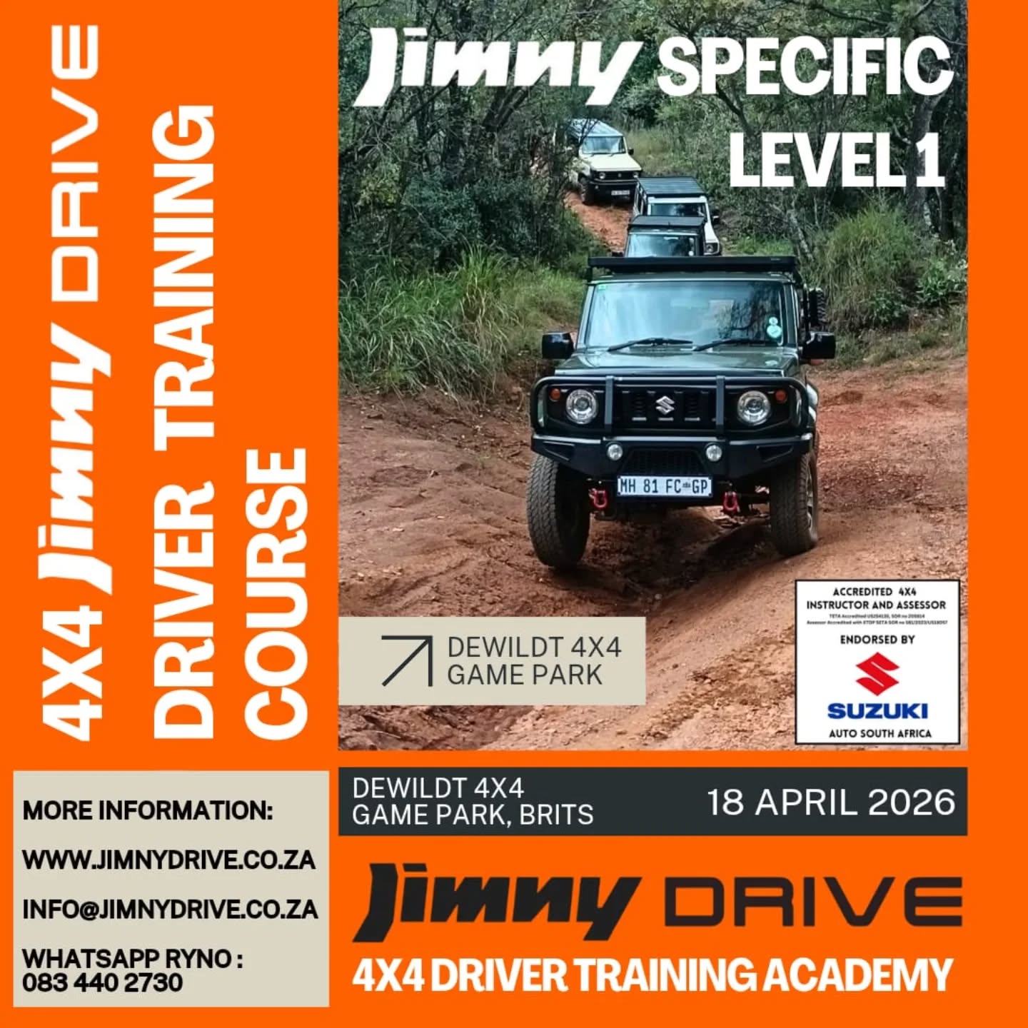 Join the JimnyDRIVE L1 4x4 Course on 18th April 26 at 📍@dewildt4x4_gamepark!
This is your chance to learn, have fun, and get the most out of your Jimny!
👇🏼😜😀
For more information, Contact Ryno via WhatsApp 083 440 2730 or info@jimnydrive.co.za
www.jimnydrive.co.za
#suzuki_za #jimny4x4 #dewildt4x4 #4x4Training