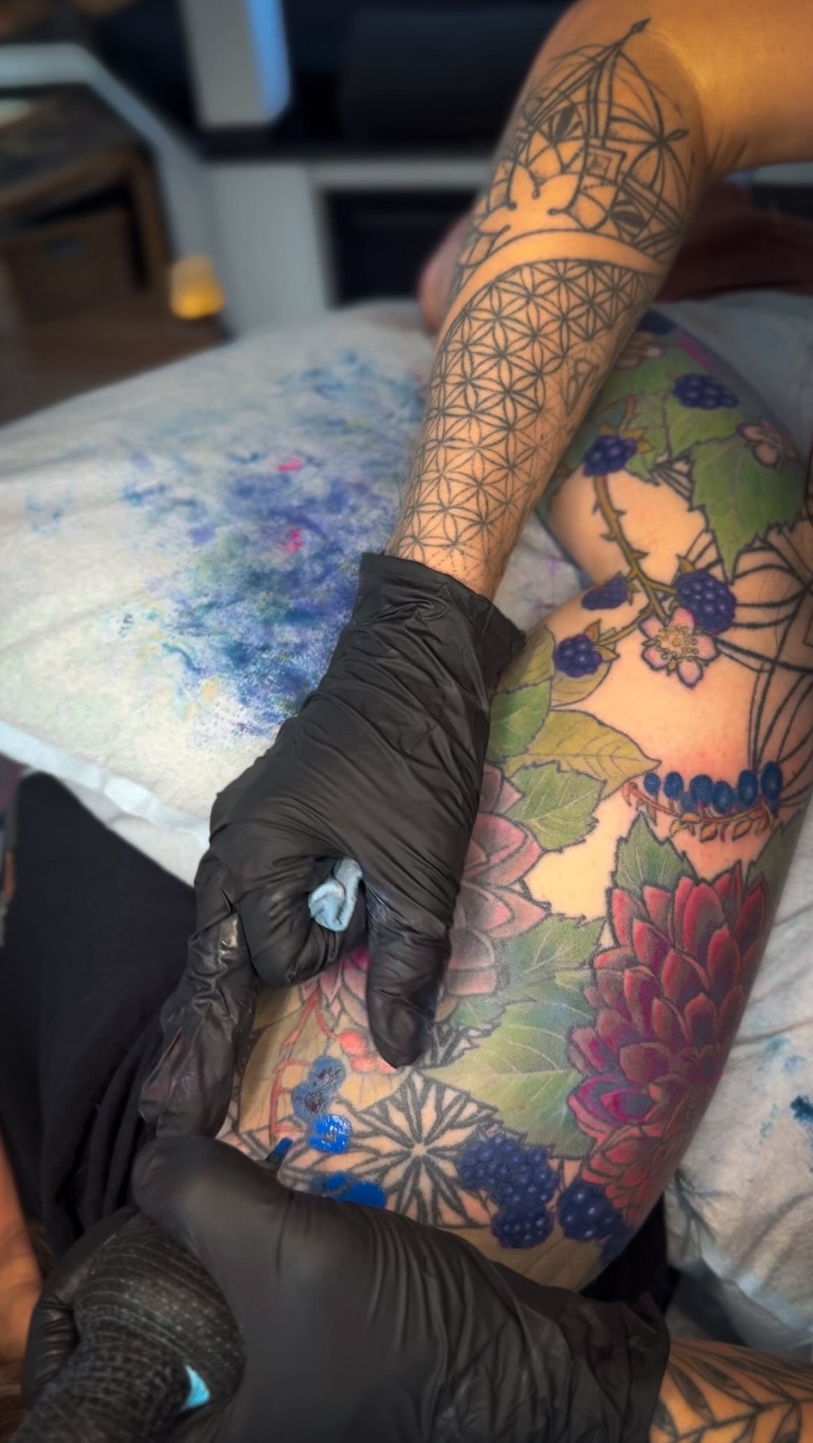 The most important identity you will ever embody is being the Author of your story. You were gifted free will as the means to create, with which you can continue to carve with intention your existence. You don’t need to be responsible for what isn’t of your free will, only to be the authority in the ways of responding to what arises in your life. Every other identity is temporary.
Berry blast day with Jess on this wild double coverup project. Thank you sweet soul 🎵