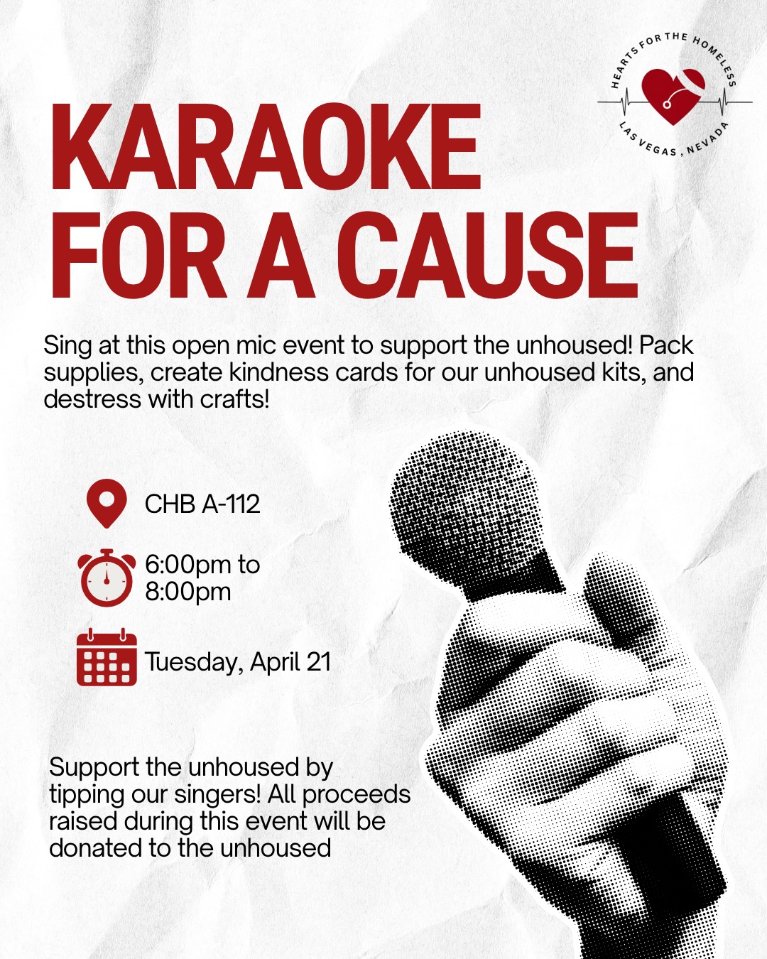Join H4H for Karaoke for a Cause! This event, hosted in collaboration with @unlv.ksc and many more organizations, is a great way to destress before finals. Stop by to pack supplies for hygiene kits, create kindness cards/crafts, and of course… KARAOKE! We encourage you to “tip” our singers, with all proceeds going to efforts that support the unhoused
📅 Tuesday. April 21
⏰ 6:00pm to 8:00pm
📍 CHB-A 112
RSVP at the QR code or H4H calendar!
H4H members who attend can earn 1 community service hour, 1 social, and 1 fundraising hour (if they tip)