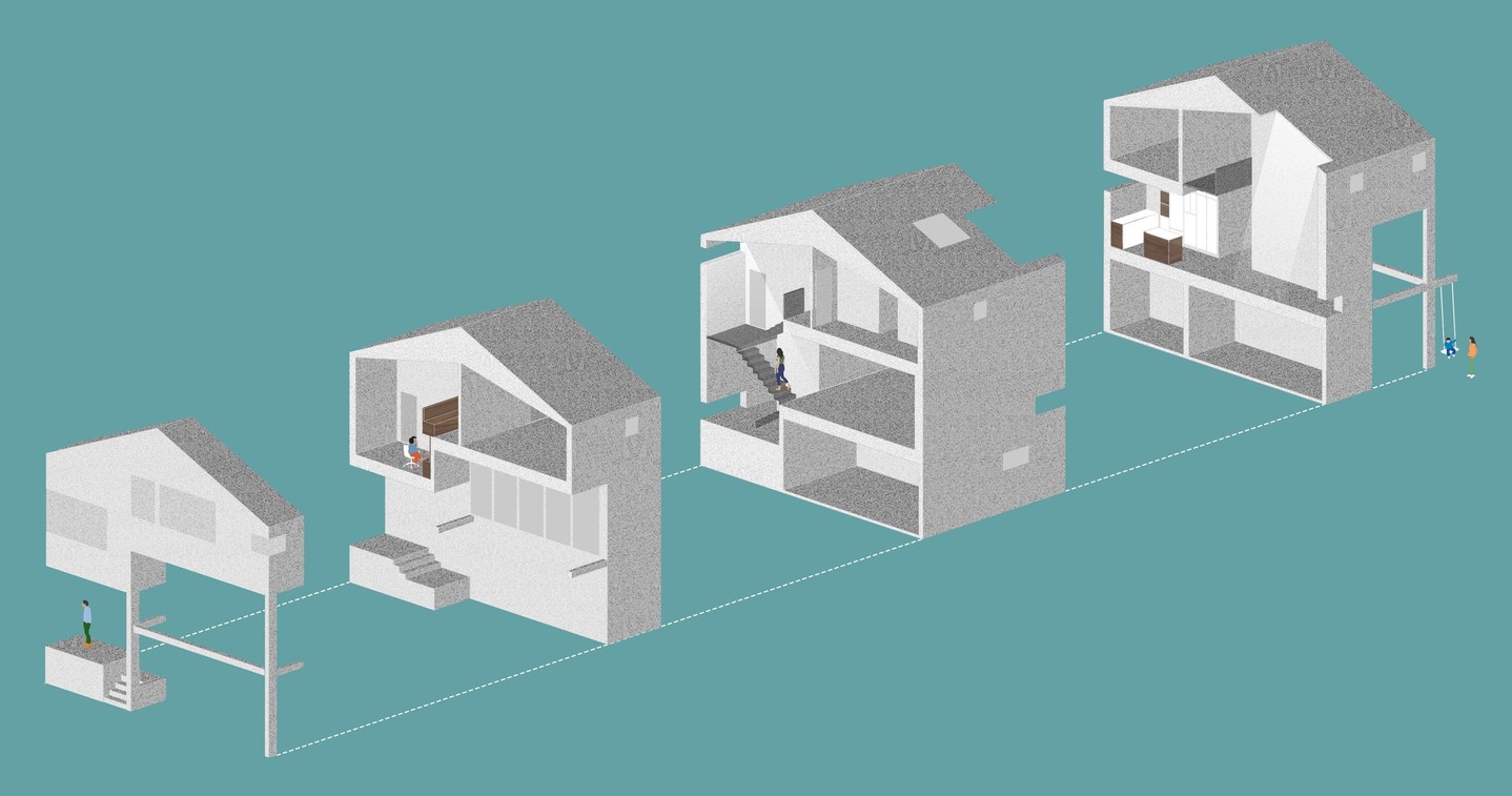 Section cutaway showing the split-level floor plan at the 512 House 📐