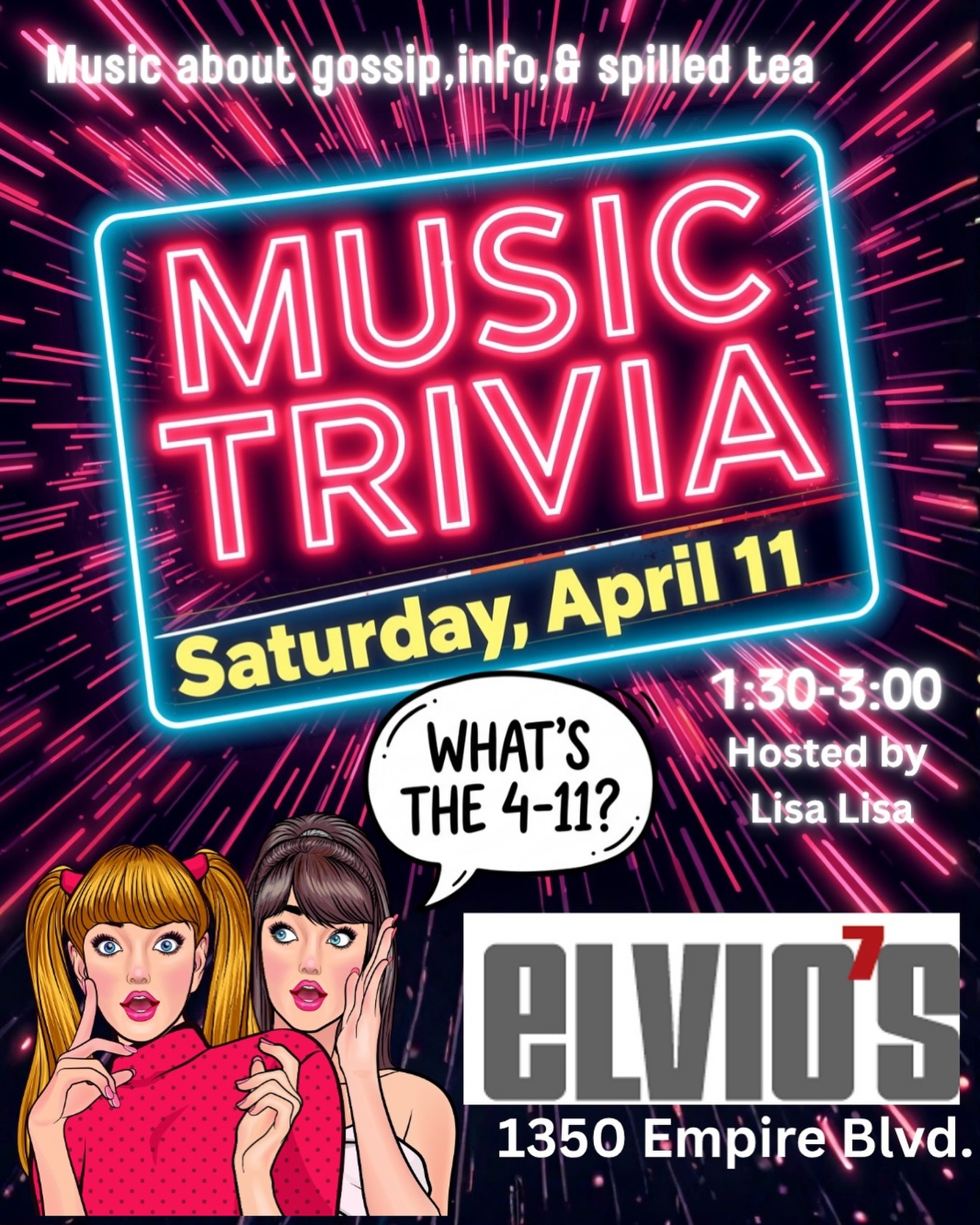 Music Trivia 🎶
Saturday 1:30pm-3:00pm
Hosted by Lisa Lisa
On the Bay. 1350 Empire Blvd
#ElviosCoffee #MusicTrivia #RochesterNY #WeekendPlans #TriviaTime