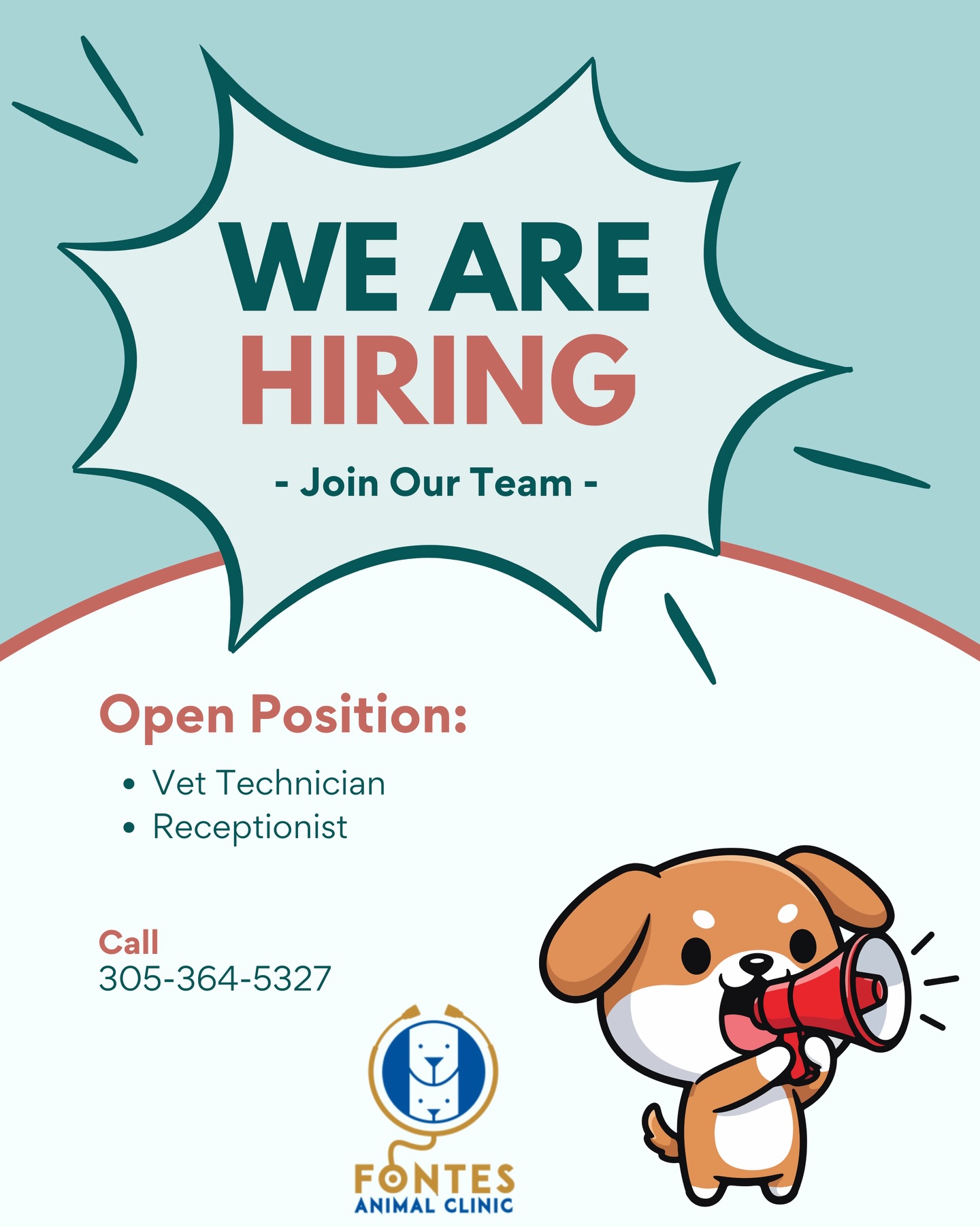🐾 We’re Hiring! Join Our Team! 🐾
At Fontes Animal Clinic, we’re looking for passionate individuals who love animals as much as we do ❤️
✨ Open Positions:
• Veterinary Technician
• Receptionist
If you’re caring, dedicated, and ready to make a difference in the lives of pets and their families, we’d love to hear from you!
📞 Call us today: 305-364-5327
🐶 Come be part of a team where every paw matters!
#WeAreHiring #VetTechJobs #ReceptionistJobs #AnimalLovers #VetClinicLife NowHiring FontesAnimalClinic PetCare JoinOurTeam 🐾